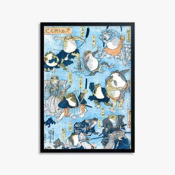 Utagawa Kuniyoshi: Famous Heroes of the Kabuki Stage Played by Frogs, 50x70cm Framed Art Reproduction With Black Frame