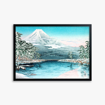 Takahashi Hiroaki (Shōtei): Mt. Fuji from Tagonoura, Snow Scene, 50x70cm Framed Art Reproduction With Black Frame