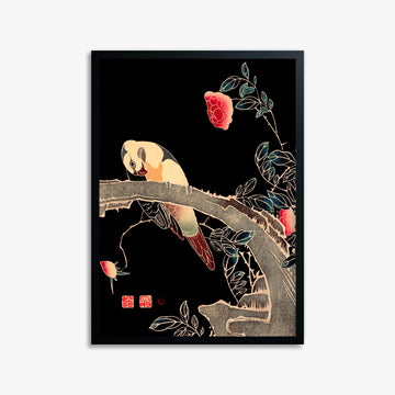 Ito Jakuchu: Parrot on the Branch of a Flowering Rose Bush, 50x70cm Framed Art Reproduction With Black Frame