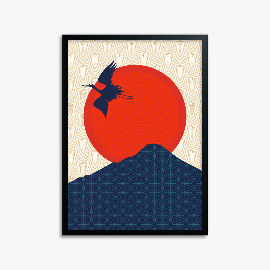 Crane At Crimson Sun, 50x70cm Framed Poster With Black Frame
