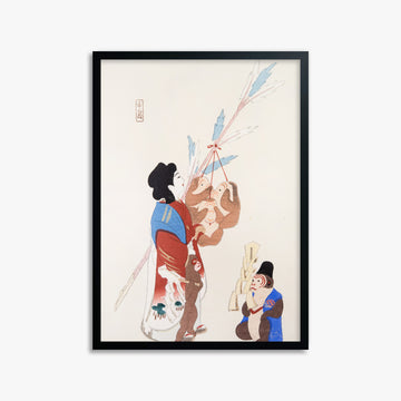 Kawasaki Kyosen: Kyosen’s Collected Illustrations of Japanese Toys Nr. 50 ("Harmony of Traditions"), 50x70cm Framed Art Reproduction With Black Frame