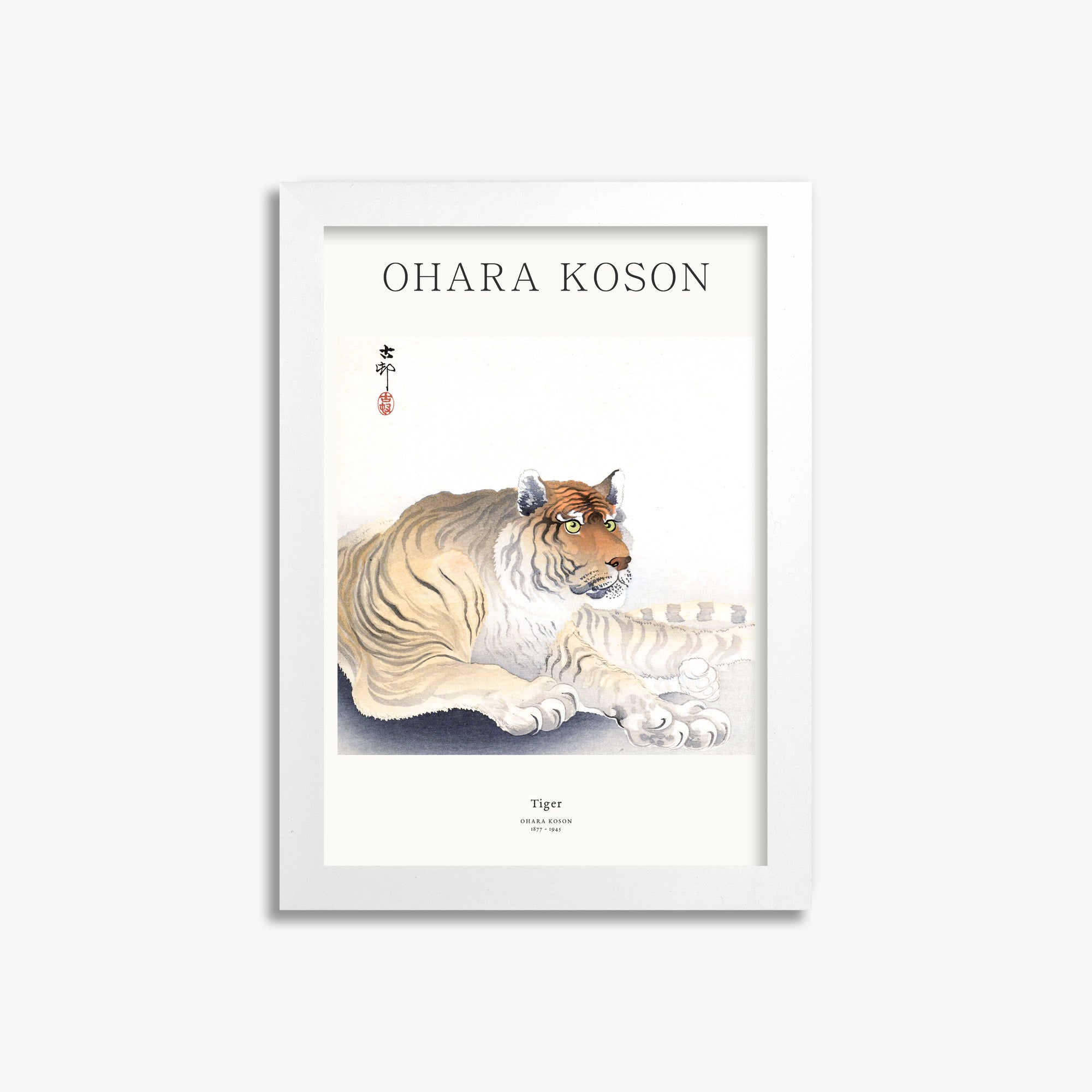Ohara Koson: Tiger - Japandi, 21x30cm Framed Art Reproduction With White Frame