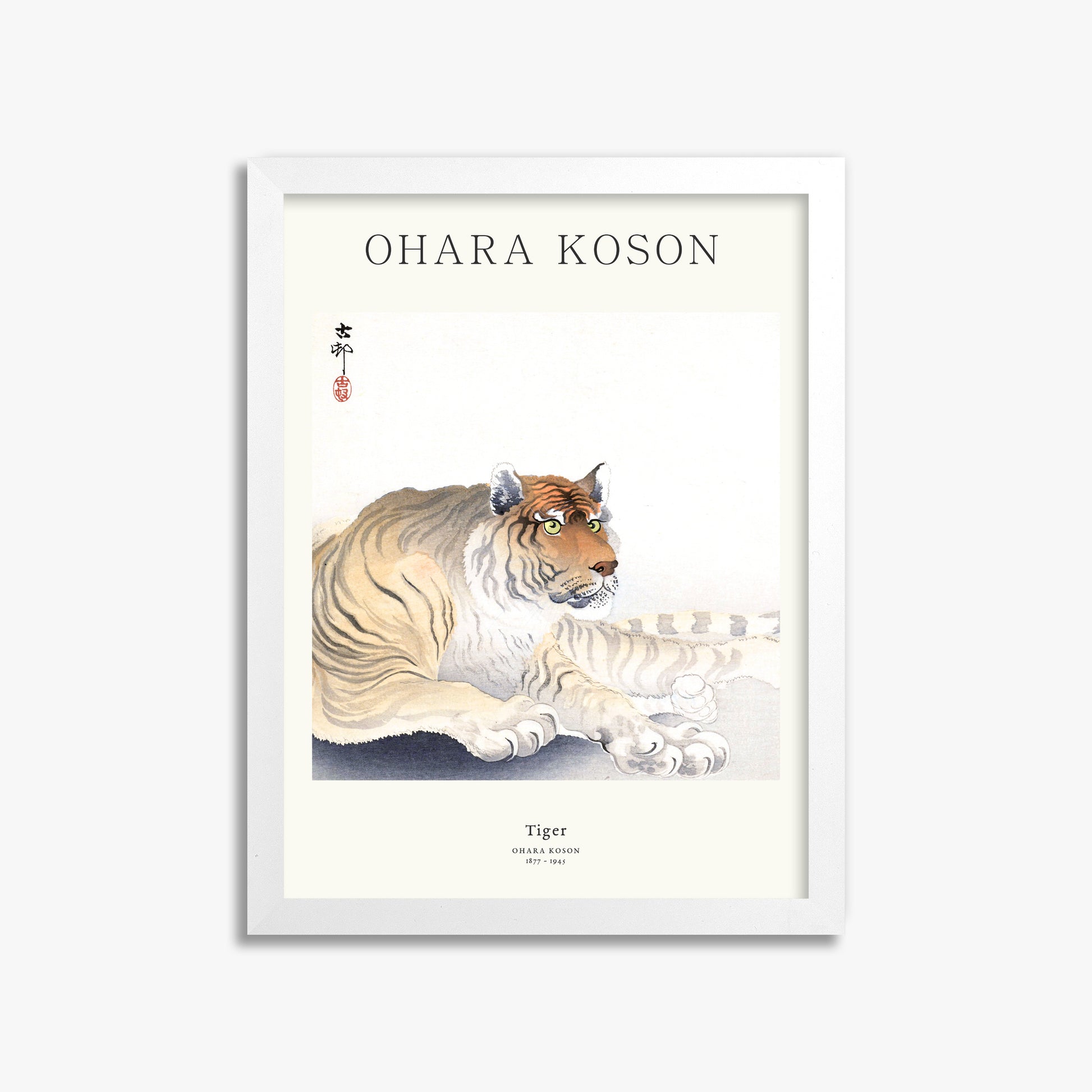 Ohara Koson: Tiger - Japandi, 30x40cm Framed Art Reproduction With White Frame