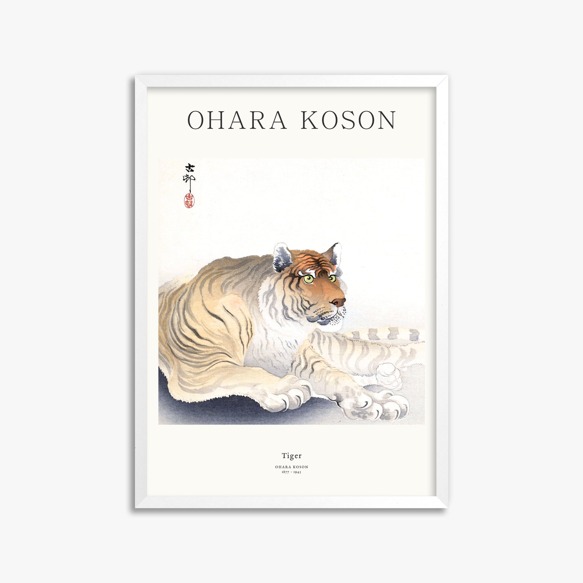 Ohara Koson: Tiger - Japandi, 50x70cm Framed Art Reproduction With White Frame