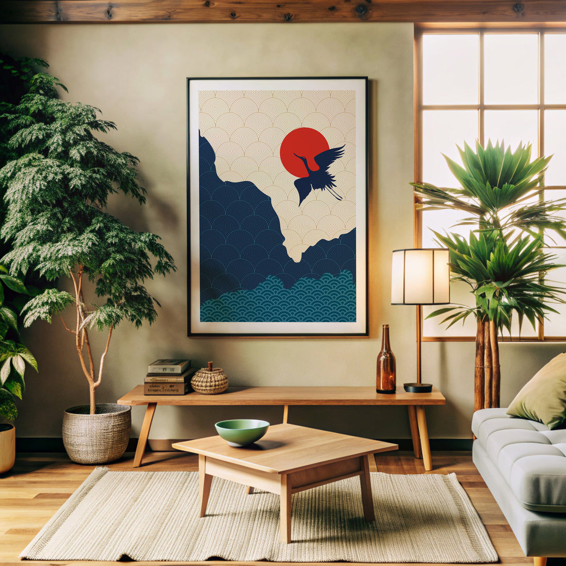 Crane in the Sun, 50x70cm Framed Poster With Black Frame