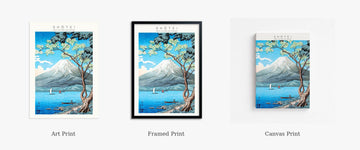 Mount Fuji from Lake Yamanaka by Takahashi Hiroaki Shōtei shown in three forms — paper art print, framed print, and canvas print — side by side, illustrating the comparison guide.