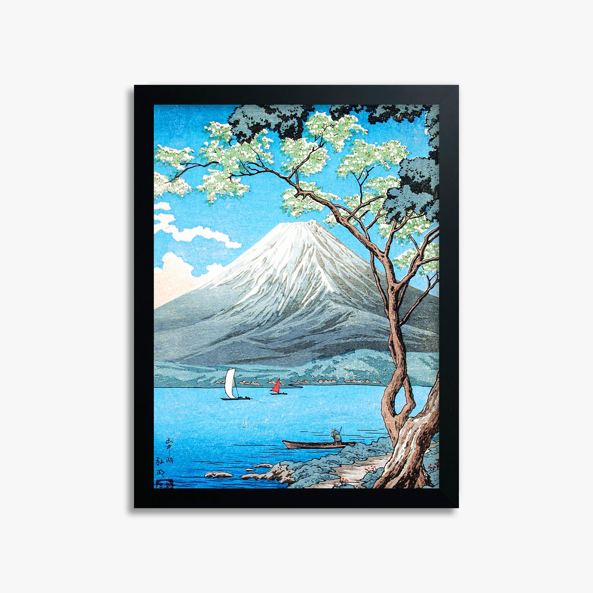 Takahashi Hiroaki (Shōtei): Mount Fuji from Lake Yamanaka, 30x40cm Framed Art Reproduction With Black Frame