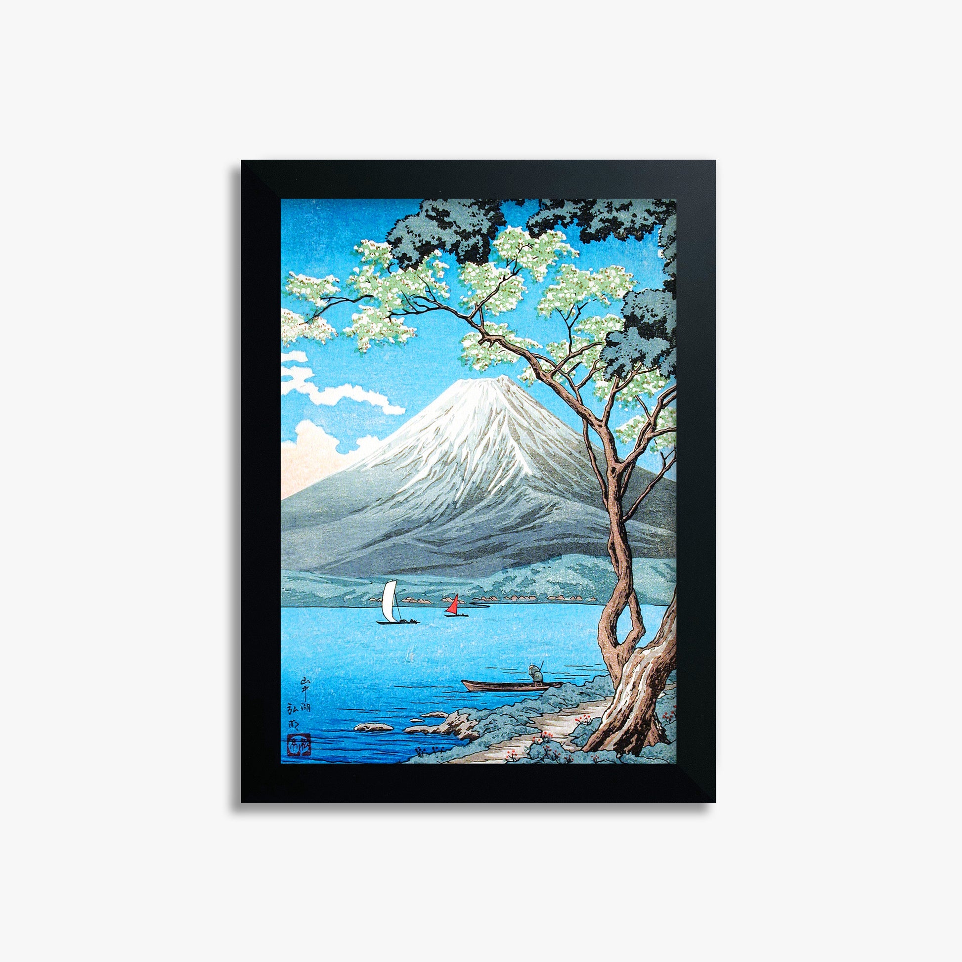 Takahashi Hiroaki (Shōtei): Mount Fuji from Lake Yamanaka, 21x30cm Framed Art Reproduction With Black Frame