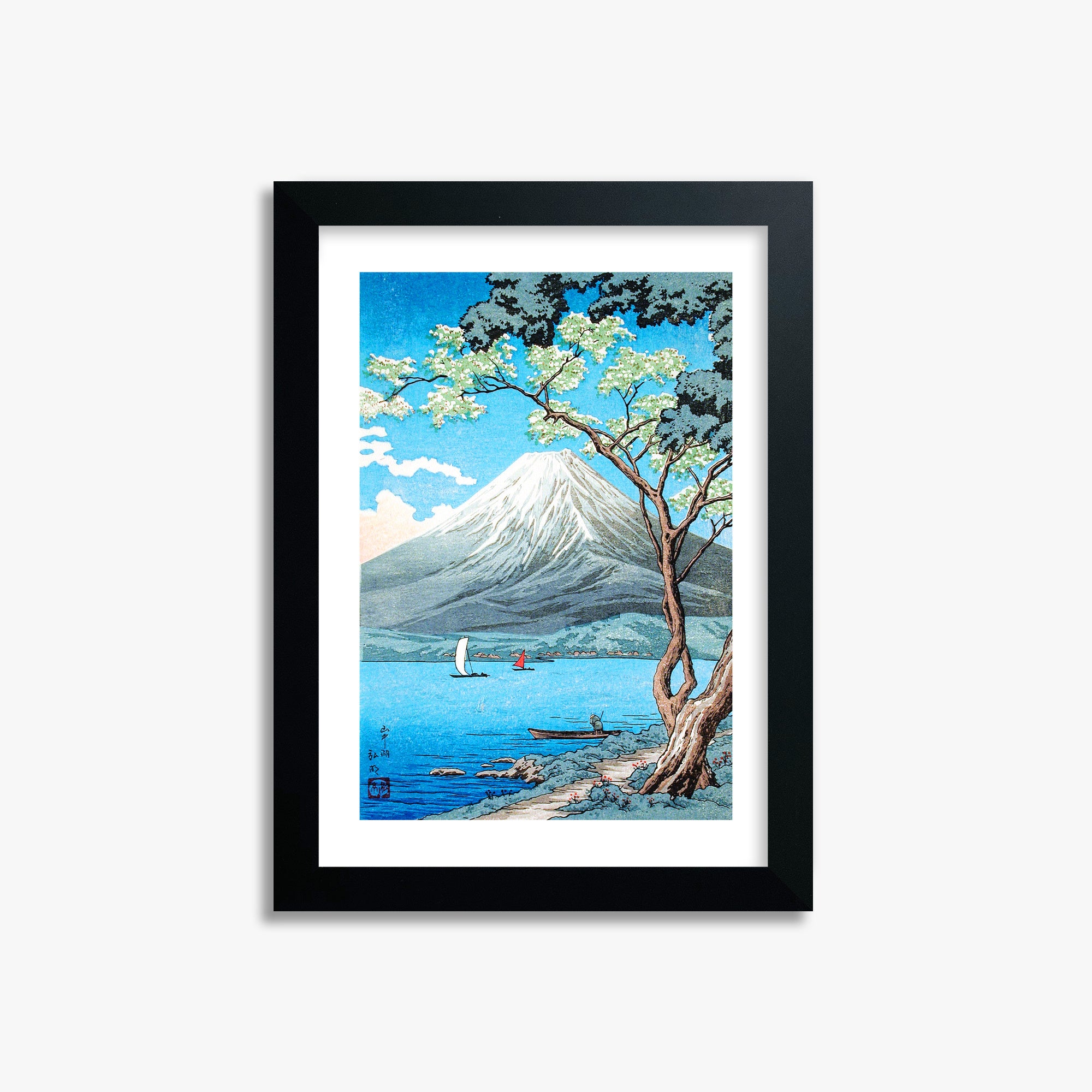 Takahashi Hiroaki (Shōtei): Mount Fuji from Lake Yamanaka, 21x30cm Framed Art Reproduction With Black Frame