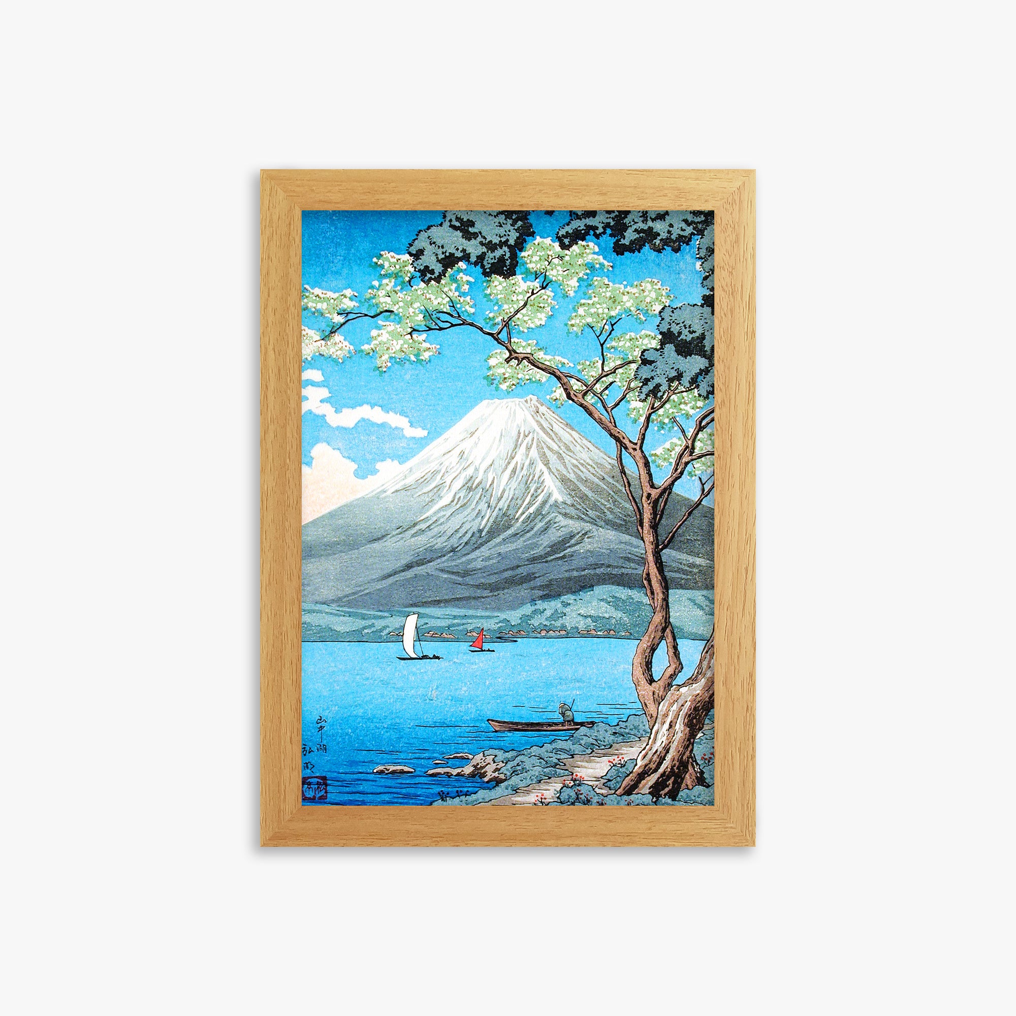 Takahashi Hiroaki (Shōtei): Mount Fuji from Lake Yamanaka, 21x30cm Framed Art Reproduction With Oak Frame