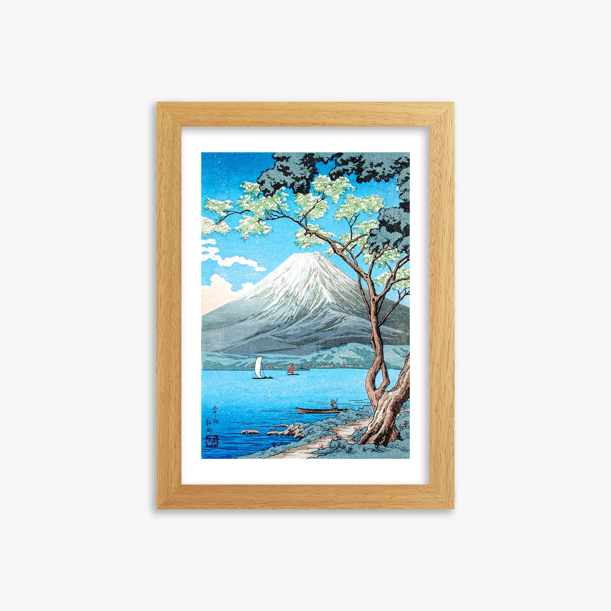 Takahashi Hiroaki (Shōtei): Mount Fuji from Lake Yamanaka, 21x30cm Framed Art Reproduction With Oak Frame