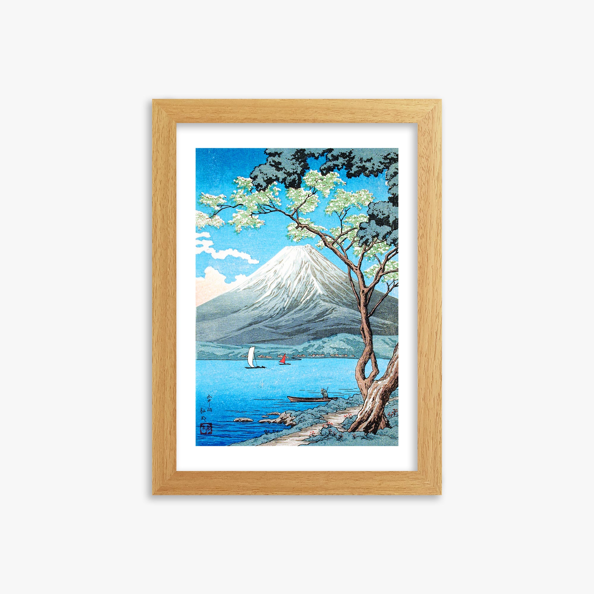 Takahashi Hiroaki (Shōtei): Mount Fuji from Lake Yamanaka, 21x30cm Framed Art Reproduction With Oak Frame