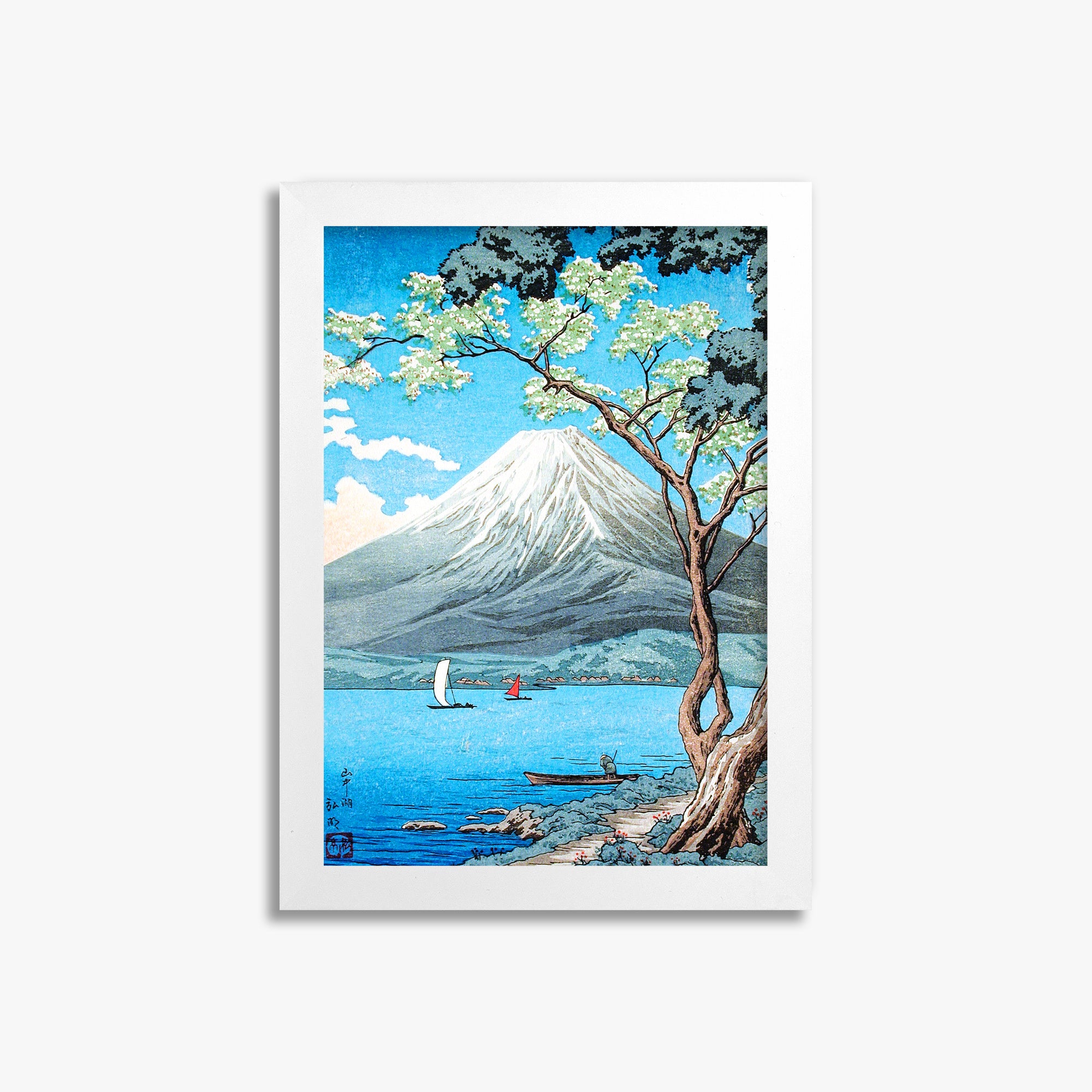 Takahashi Hiroaki (Shōtei): Mount Fuji from Lake Yamanaka, 21x30cm Framed Art Reproduction With White Frame
