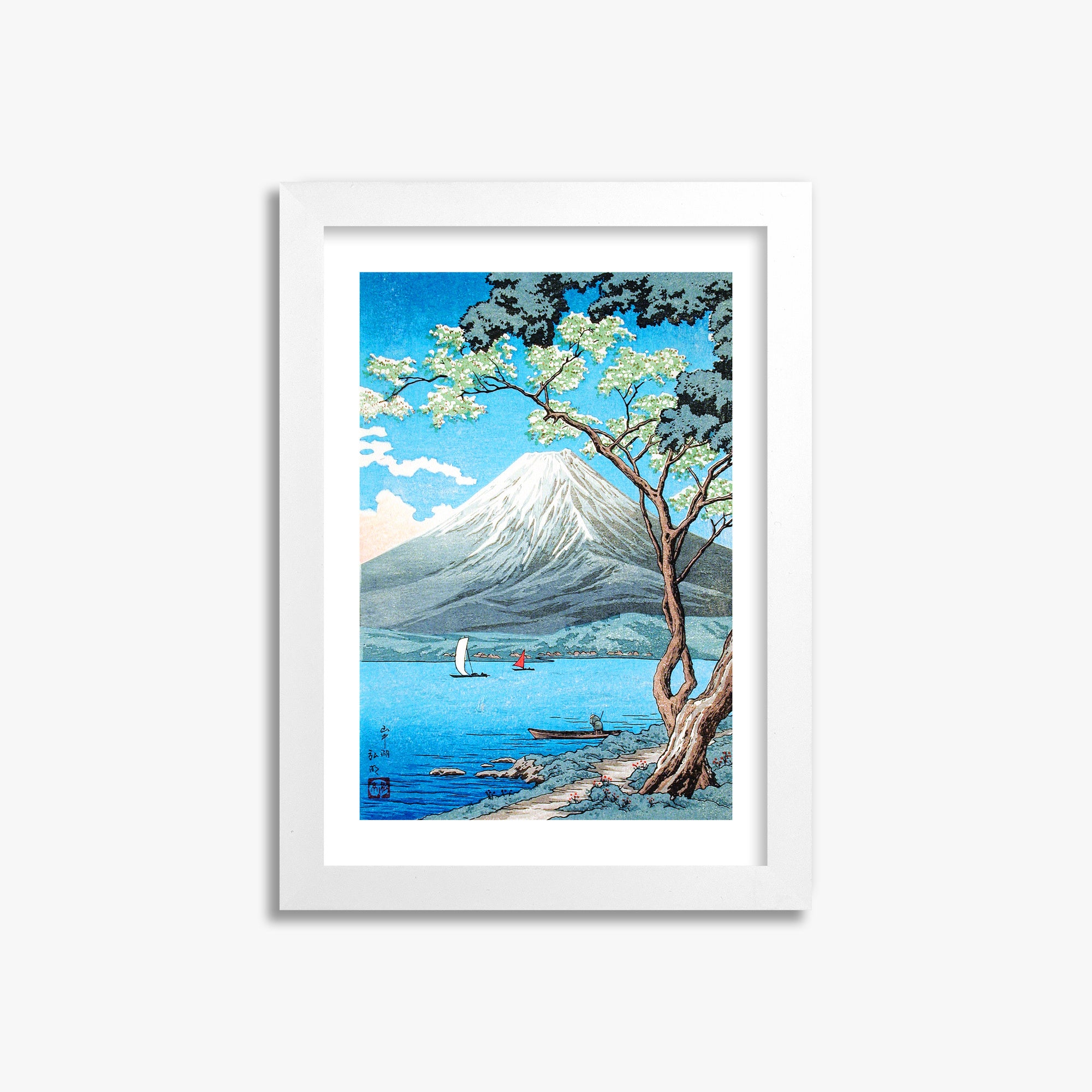 Takahashi Hiroaki (Shōtei): Mount Fuji from Lake Yamanaka, 21x30cm Framed Art Reproduction With White Frame