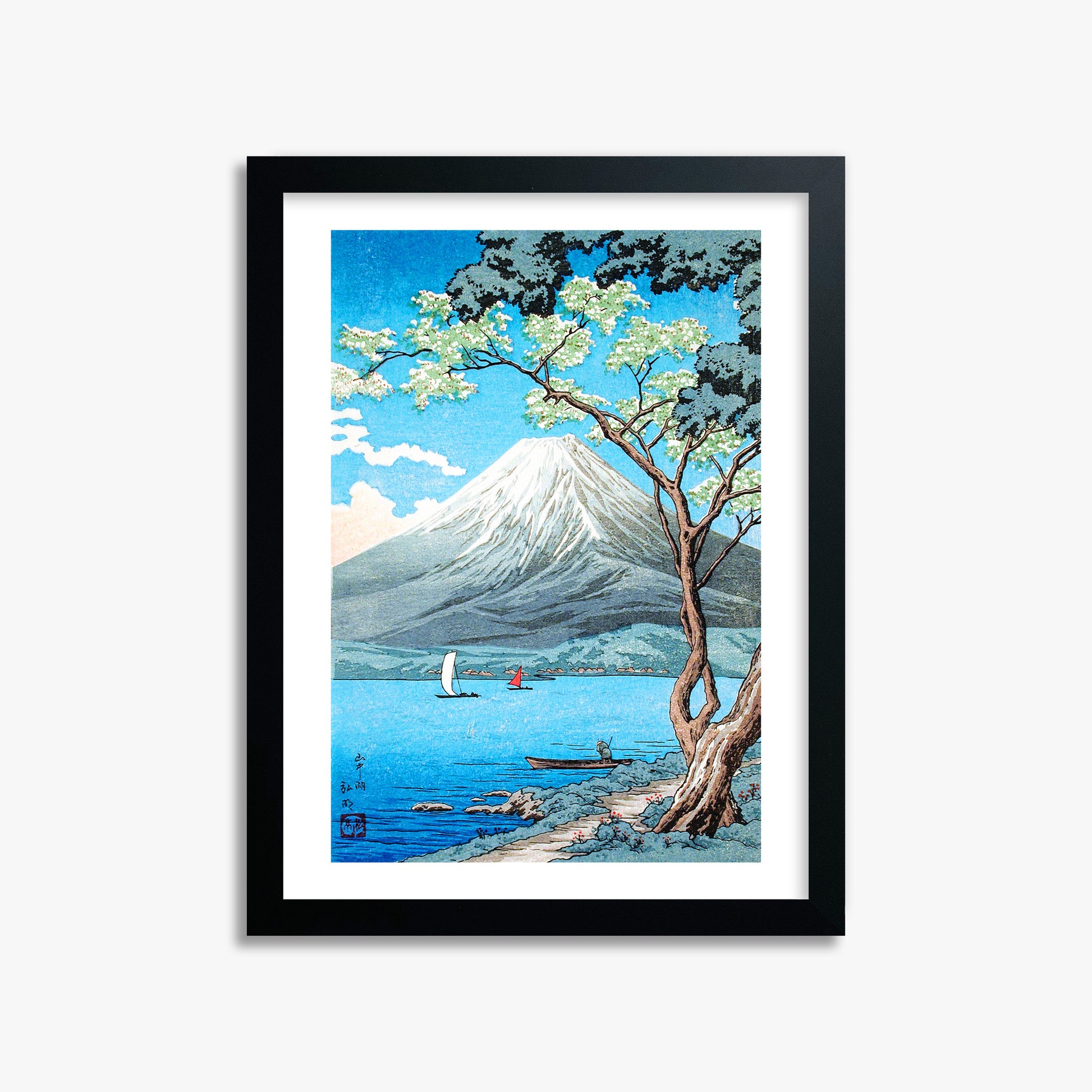 Takahashi Hiroaki (Shōtei): Mount Fuji from Lake Yamanaka, 30x40cm Framed Art Reproduction With Black Frame