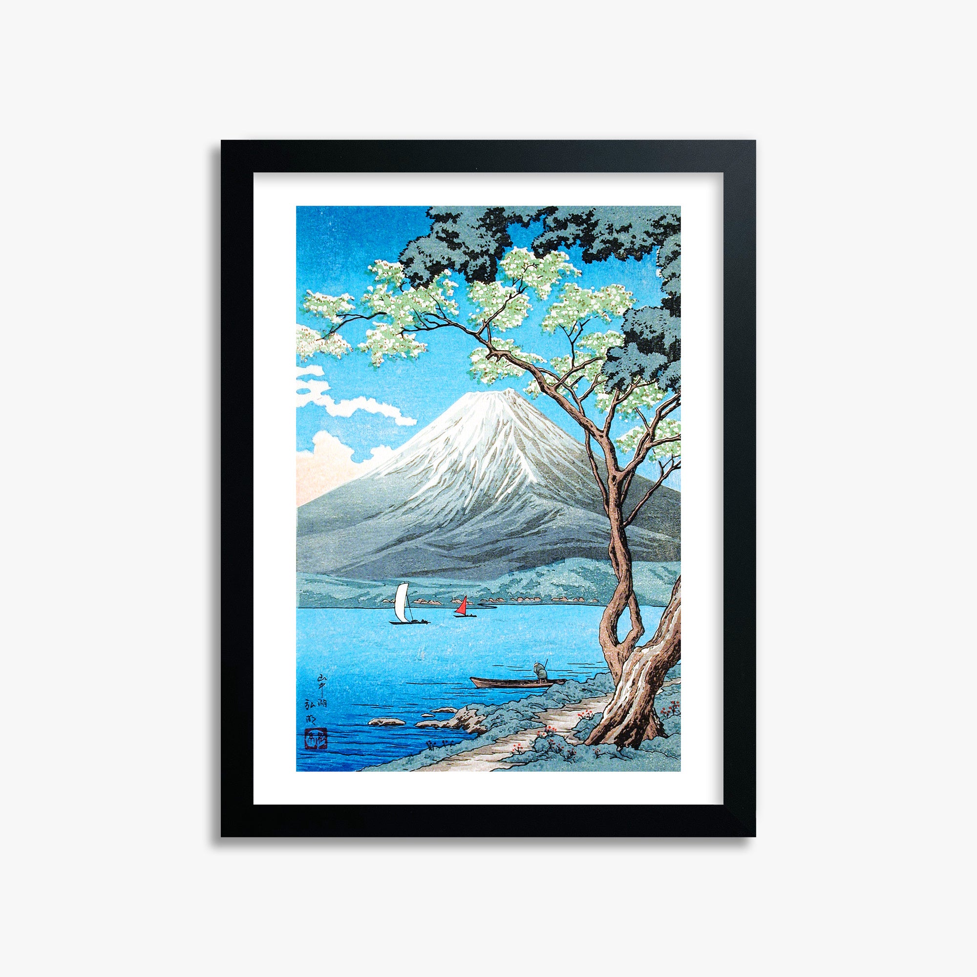 Takahashi Hiroaki (Shōtei): Mount Fuji from Lake Yamanaka, 30x40cm Framed Art Reproduction With Black Frame