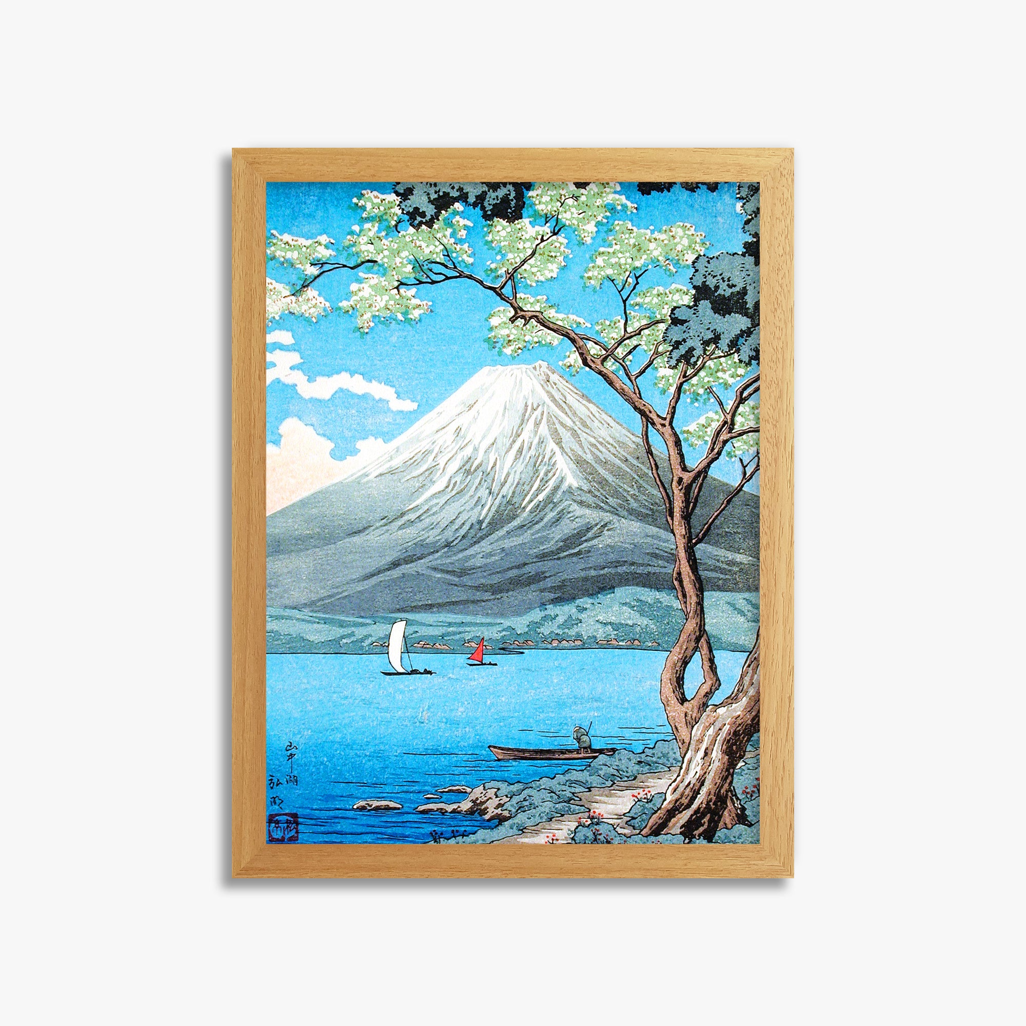 Takahashi Hiroaki (Shōtei): Mount Fuji from Lake Yamanaka, 30x40cm Framed Art Reproduction With Oak Frame