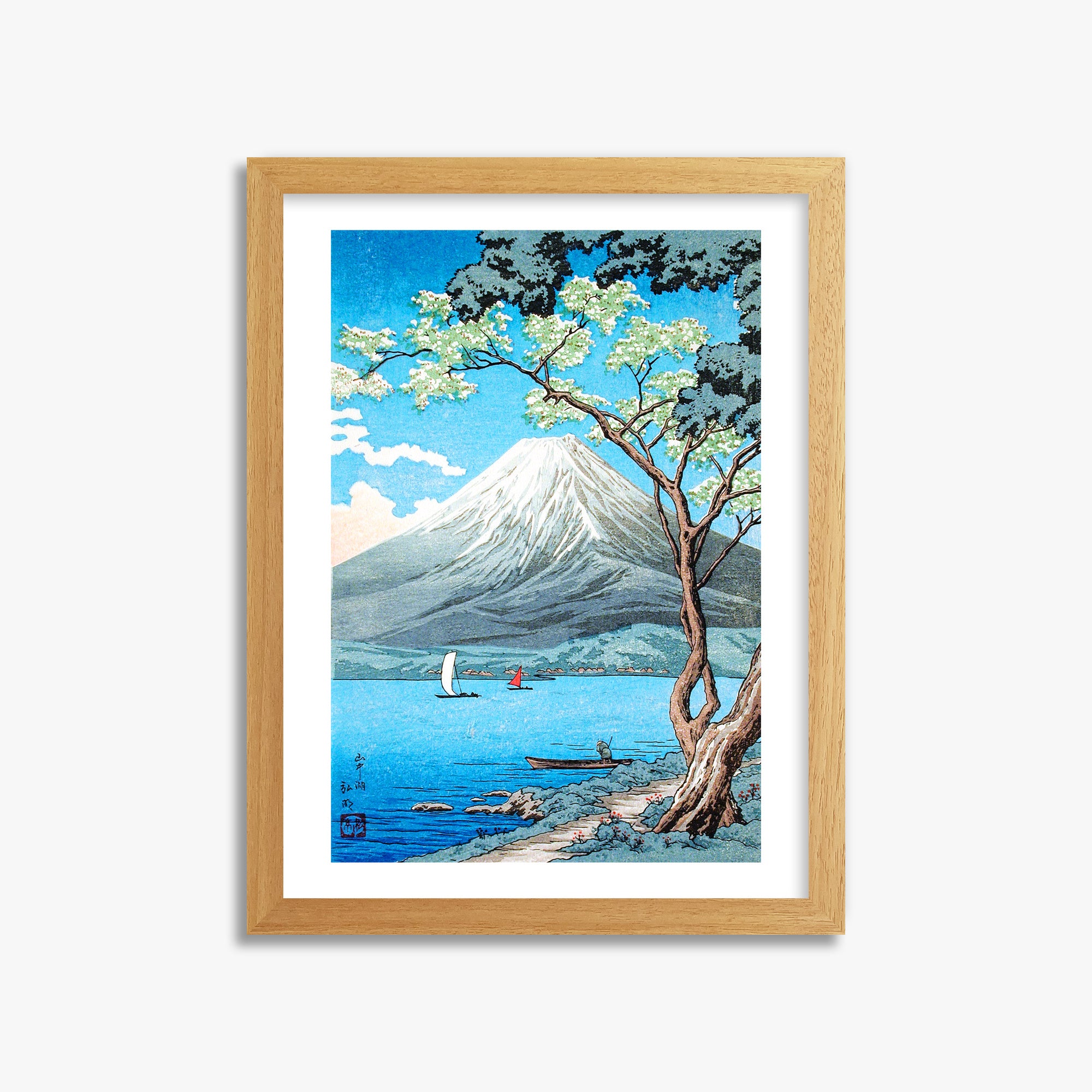 Takahashi Hiroaki (Shōtei): Mount Fuji from Lake Yamanaka, 30x40cm Framed Art Reproduction With Oak Frame