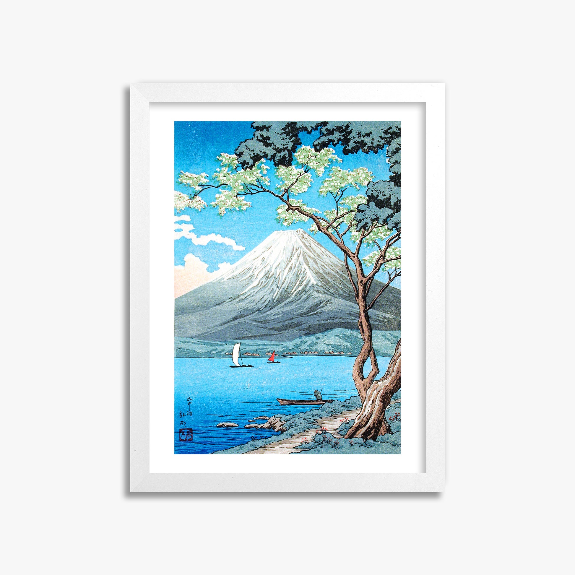 Takahashi Hiroaki (Shōtei): Mount Fuji from Lake Yamanaka, 30x40cm Framed Art Reproduction With White Frame