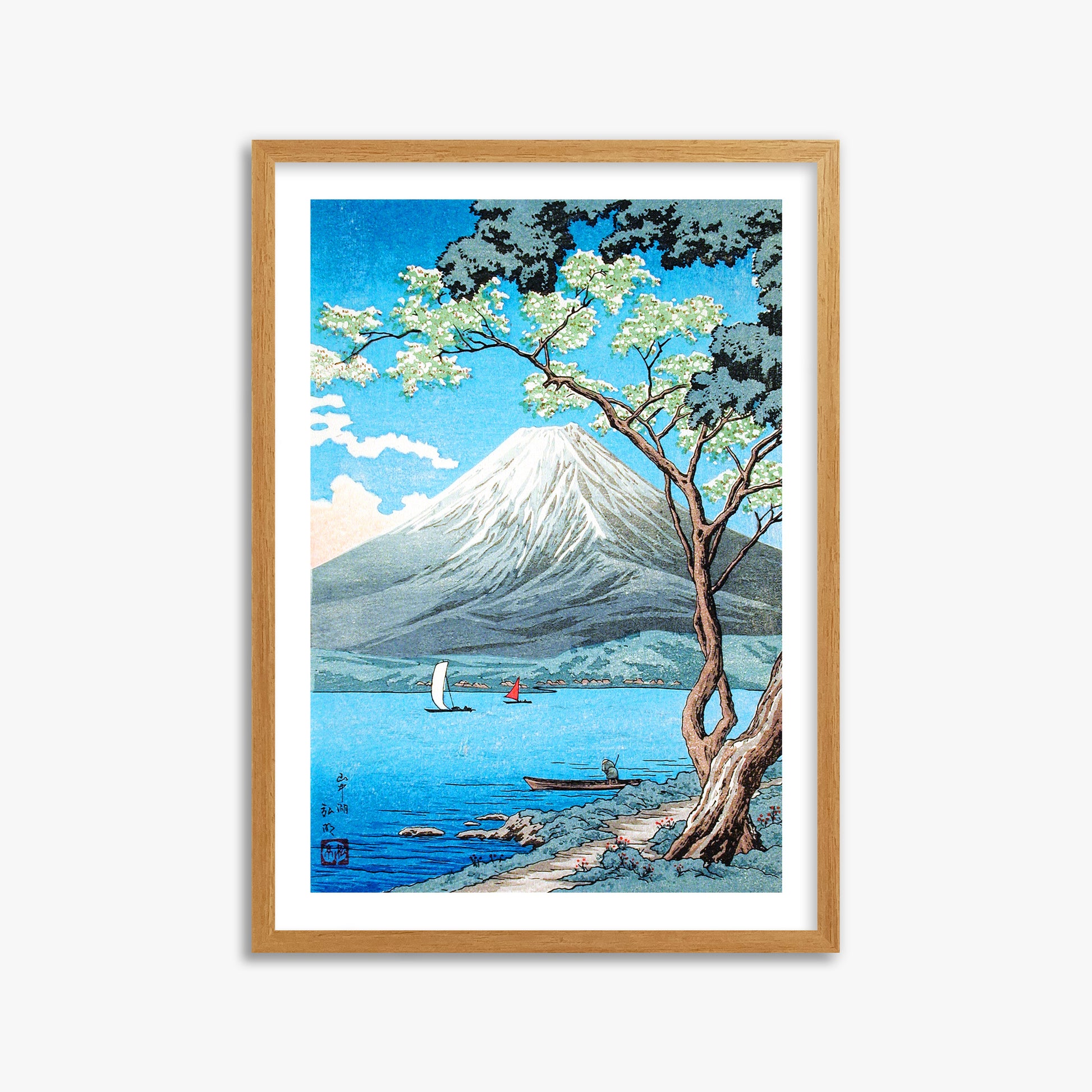 Takahashi Hiroaki (Shōtei): Mount Fuji from Lake Yamanaka, 50x70cm Framed Art Reproduction With Oak Frame