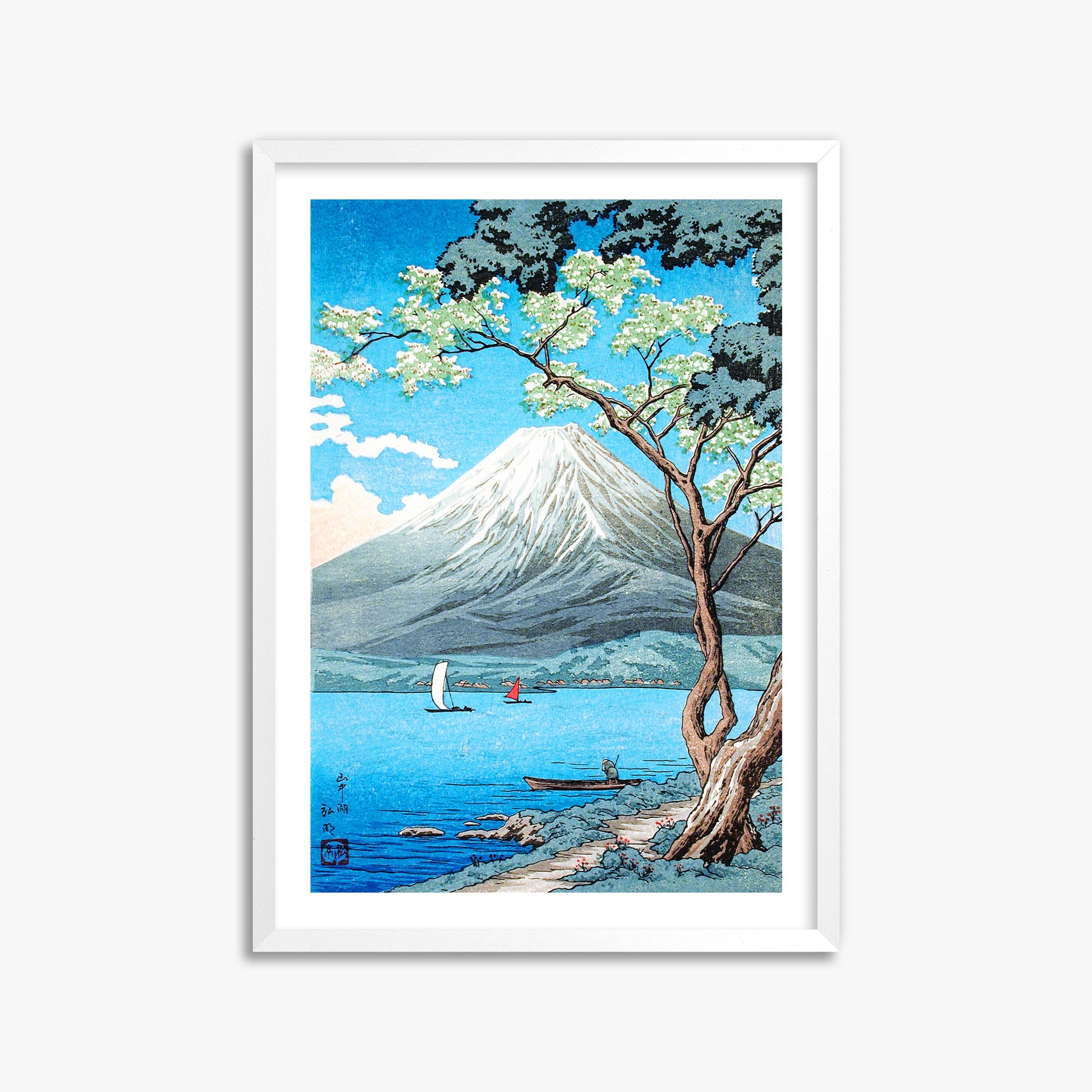 Takahashi Hiroaki (Shōtei): Mount Fuji from Lake Yamanaka, 50x70cm Framed Art Reproduction With White Frame