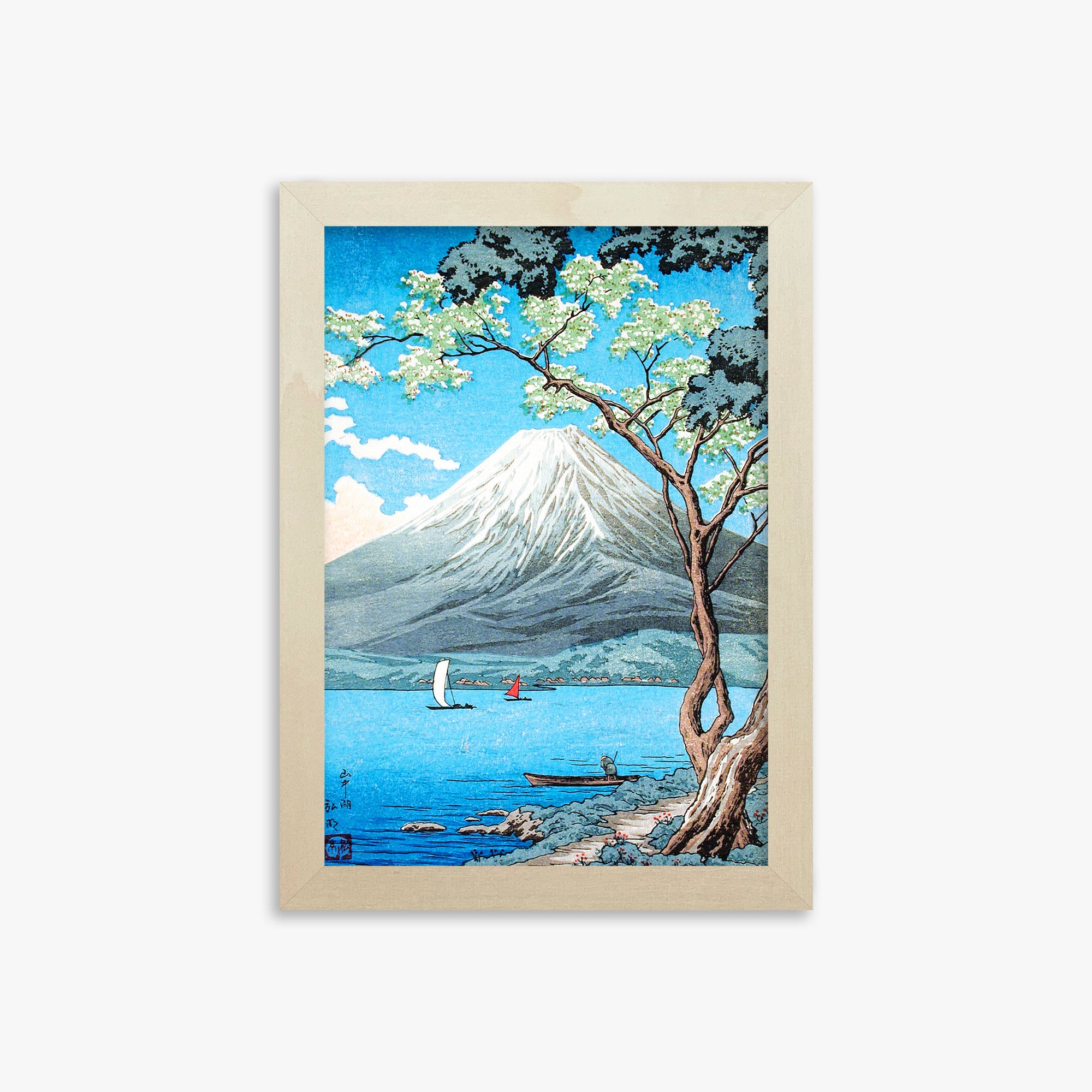 Takahashi Hiroaki (Shōtei): Mount Fuji from Lake Yamanaka, 21x30cm Framed Art Reproduction With Lime Wood Frame