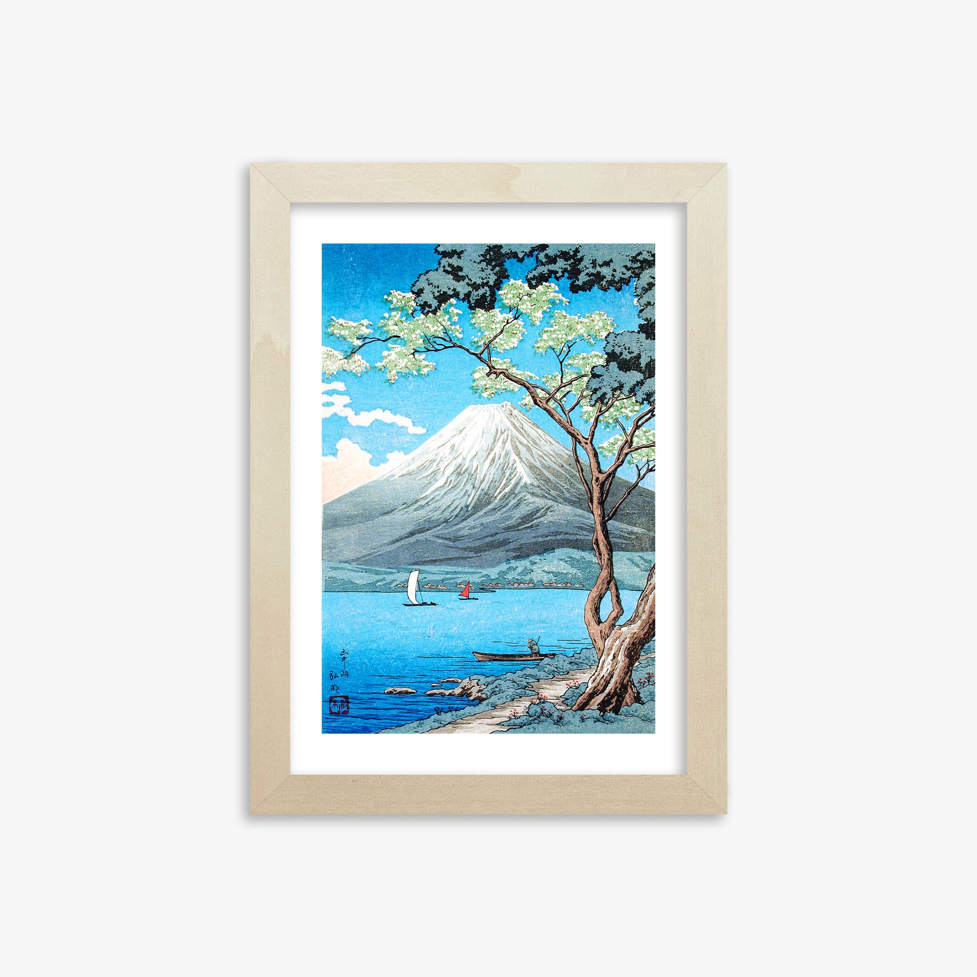 Takahashi Hiroaki (Shōtei): Mount Fuji from Lake Yamanaka, 21x30cm Framed Art Reproduction With Lime Wood Frame