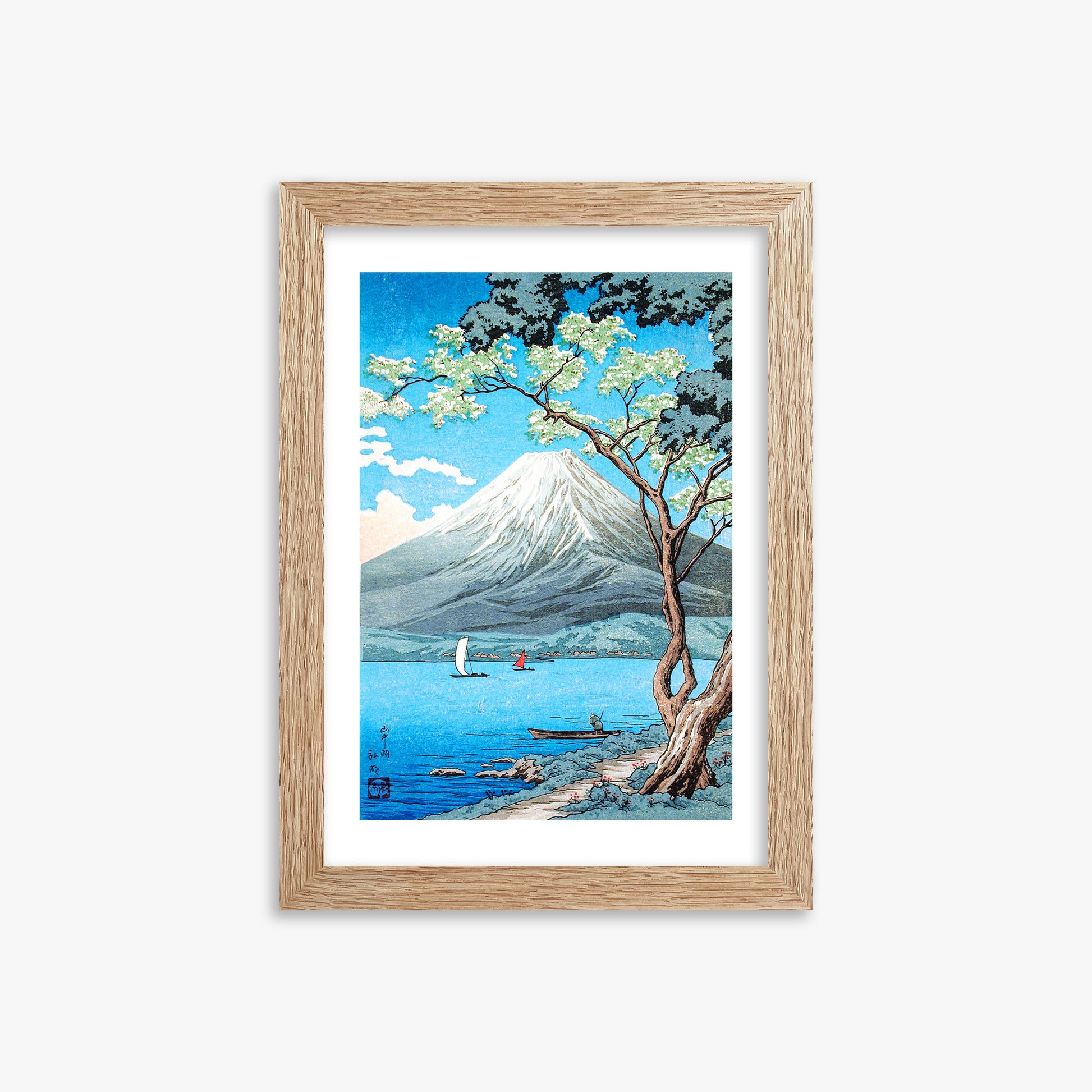 Takahashi Hiroaki (Shōtei): Mount Fuji from Lake Yamanaka, 21x30cm Framed Art Reproduction With Raw Oak Frame