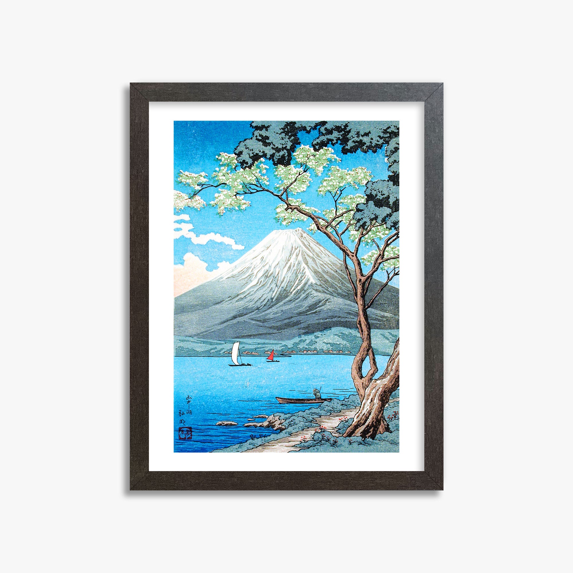 Takahashi Hiroaki (Shōtei): Mount Fuji from Lake Yamanaka, 30x40cm Framed Art Reproduction With Espresso Frame