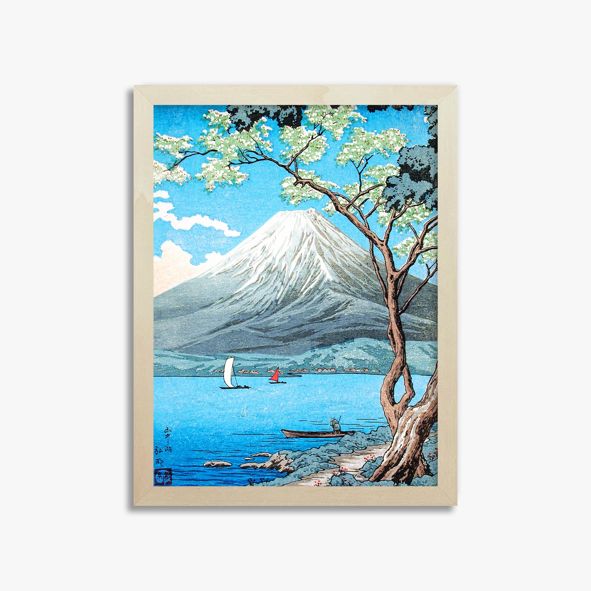 Takahashi Hiroaki (Shōtei): Mount Fuji from Lake Yamanaka, 30x40cm Framed Art Reproduction With Lime Wood Frame