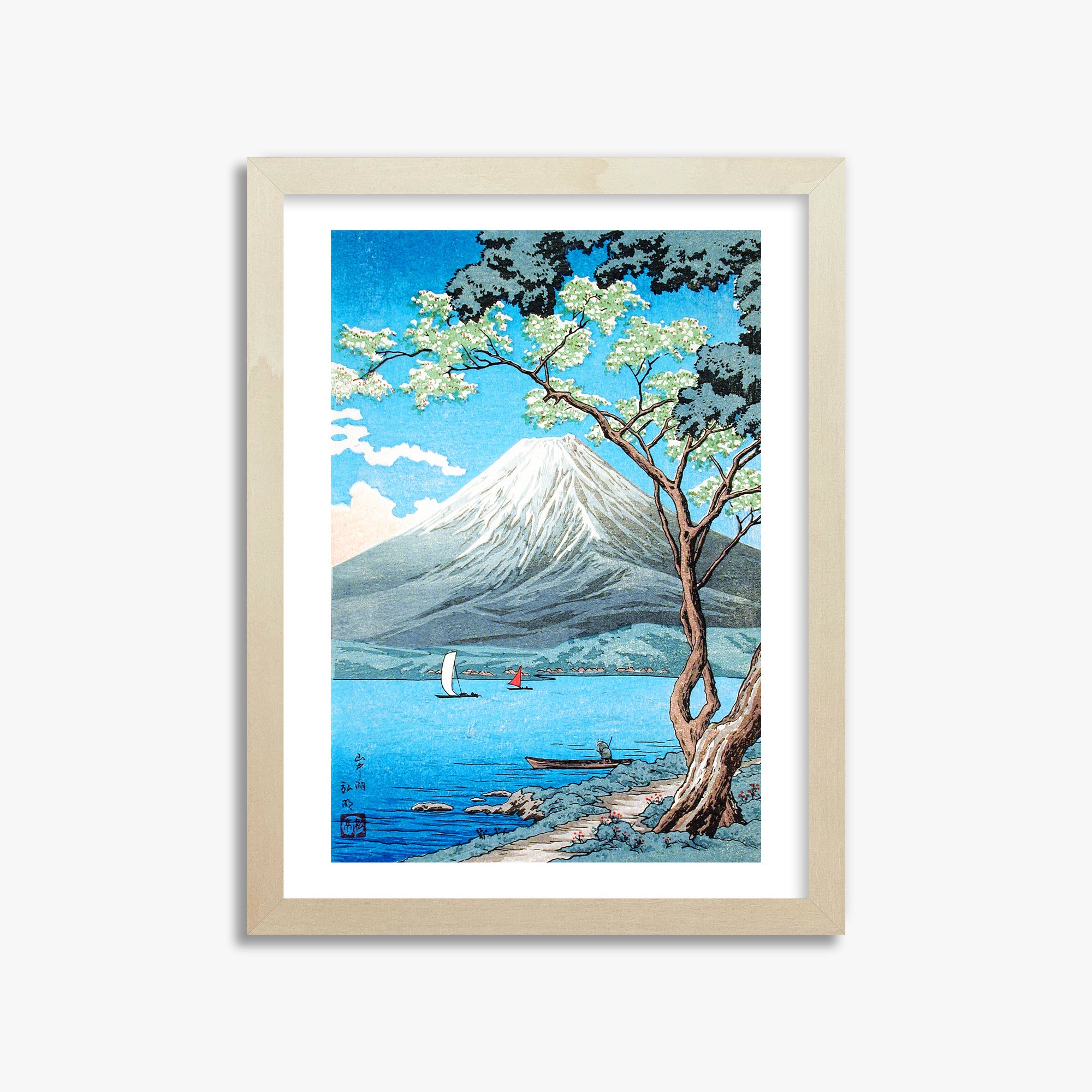 Takahashi Hiroaki (Shōtei): Mount Fuji from Lake Yamanaka, 30x40cm Framed Art Reproduction With Lime Wood Frame
