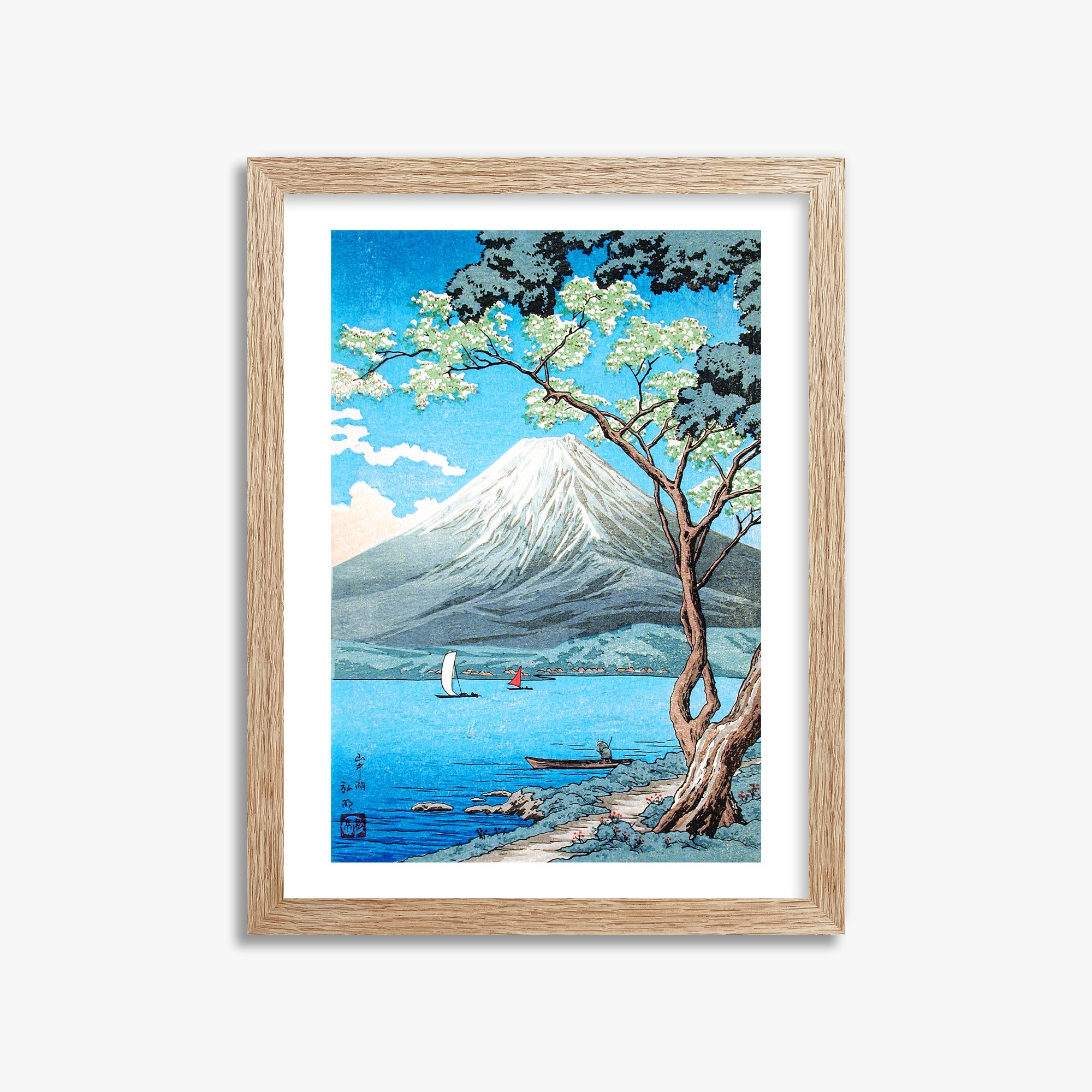 Takahashi Hiroaki (Shōtei): Mount Fuji from Lake Yamanaka, 30x40cm Framed Art Reproduction With Raw Oak Frame