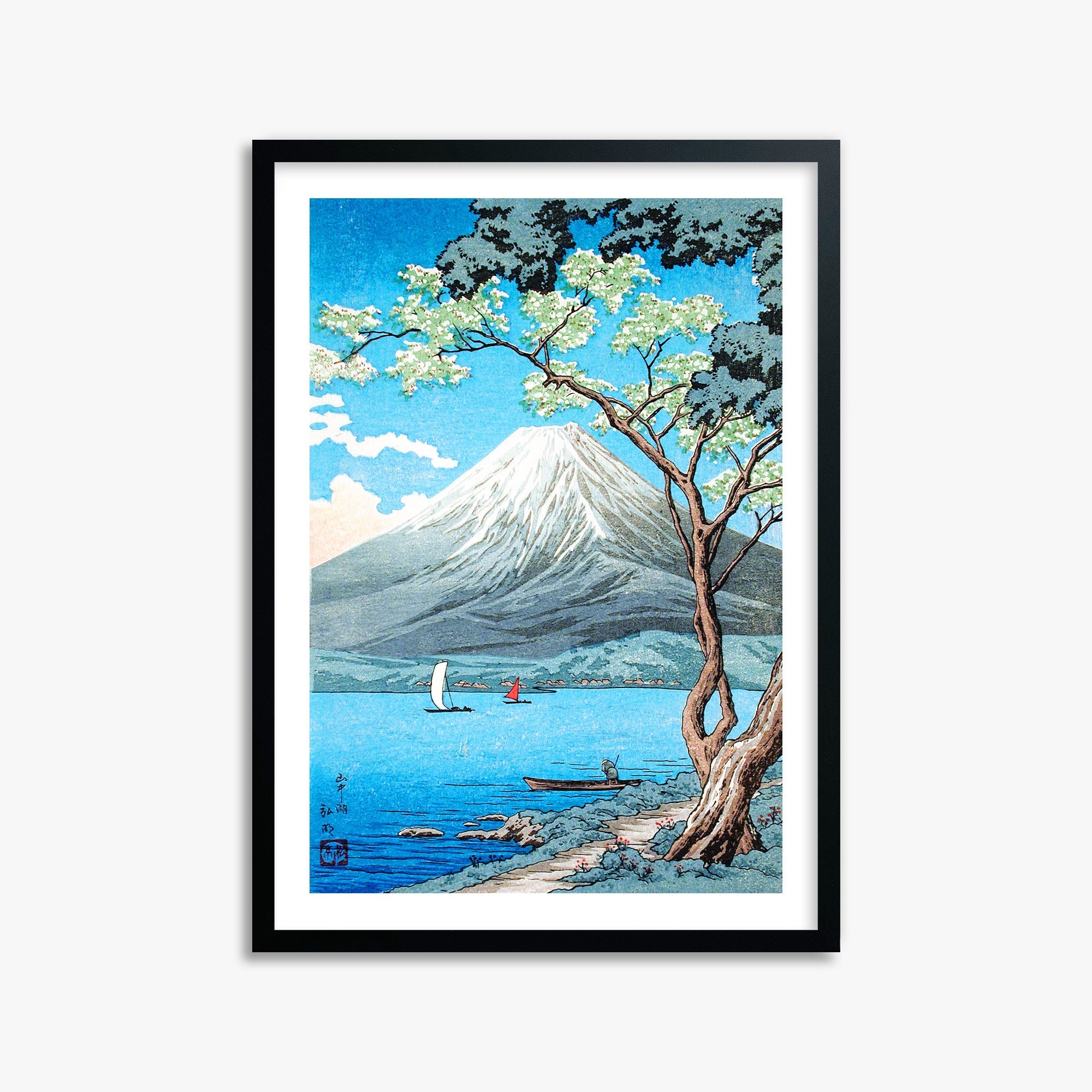 Takahashi Hiroaki (Shōtei): Mount Fuji from Lake Yamanaka, 50x70cm Framed Art Reproduction With Black Frame