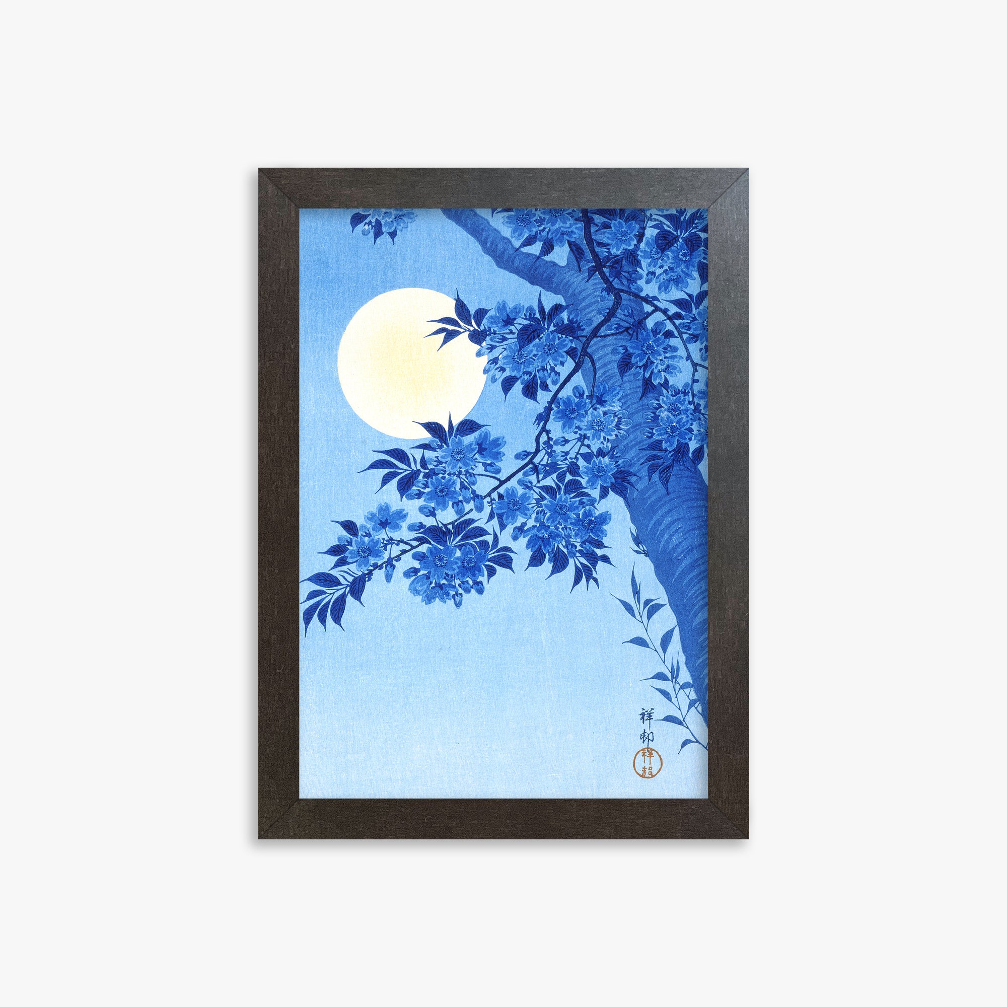 Ohara Koson: Blossoming Cherry on a Moonlit Night, 21x30cm Framed Art Reproduction With Espresso Frame