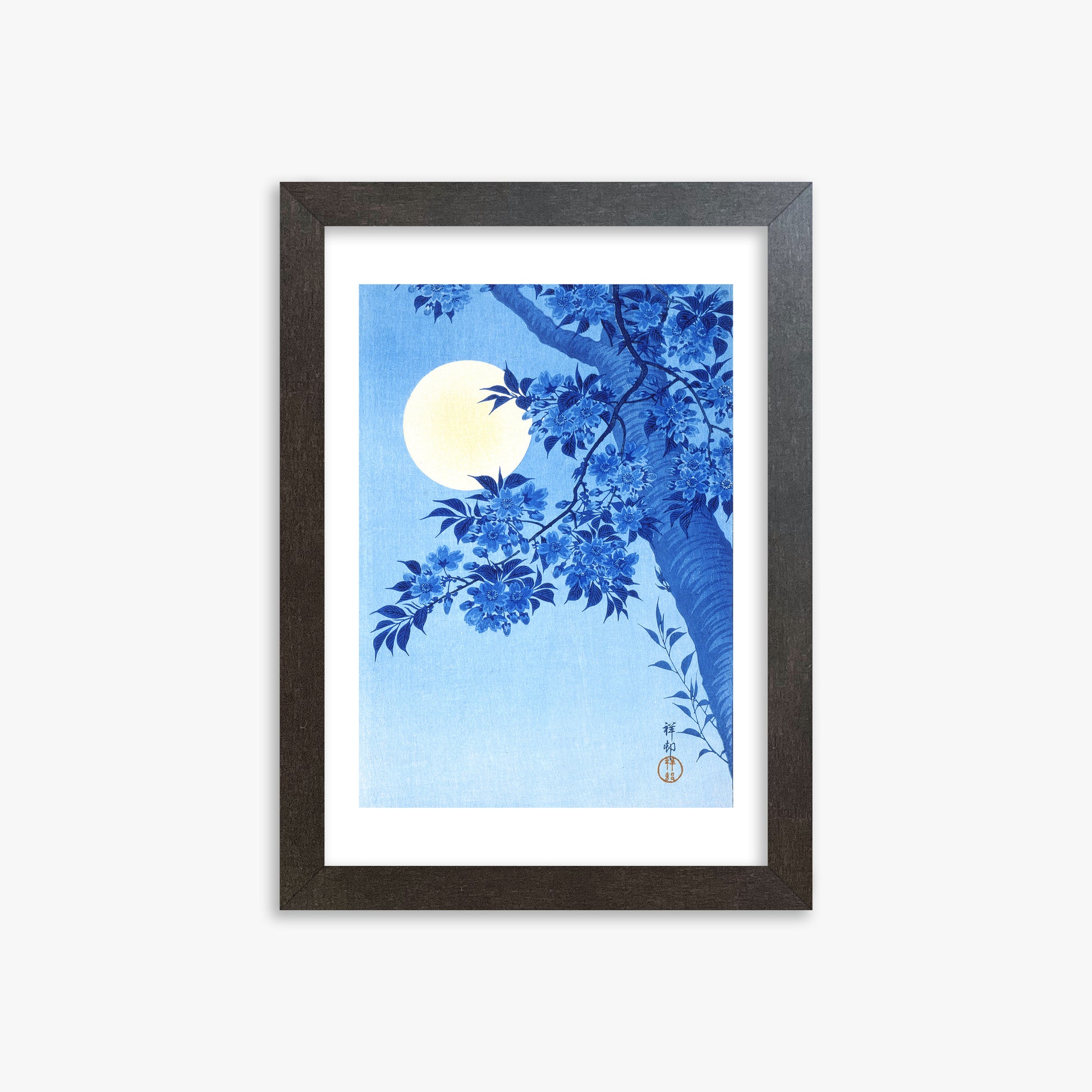 Ohara Koson: Blossoming Cherry on a Moonlit Night, 21x30cm Framed Art Reproduction With Espresso Frame