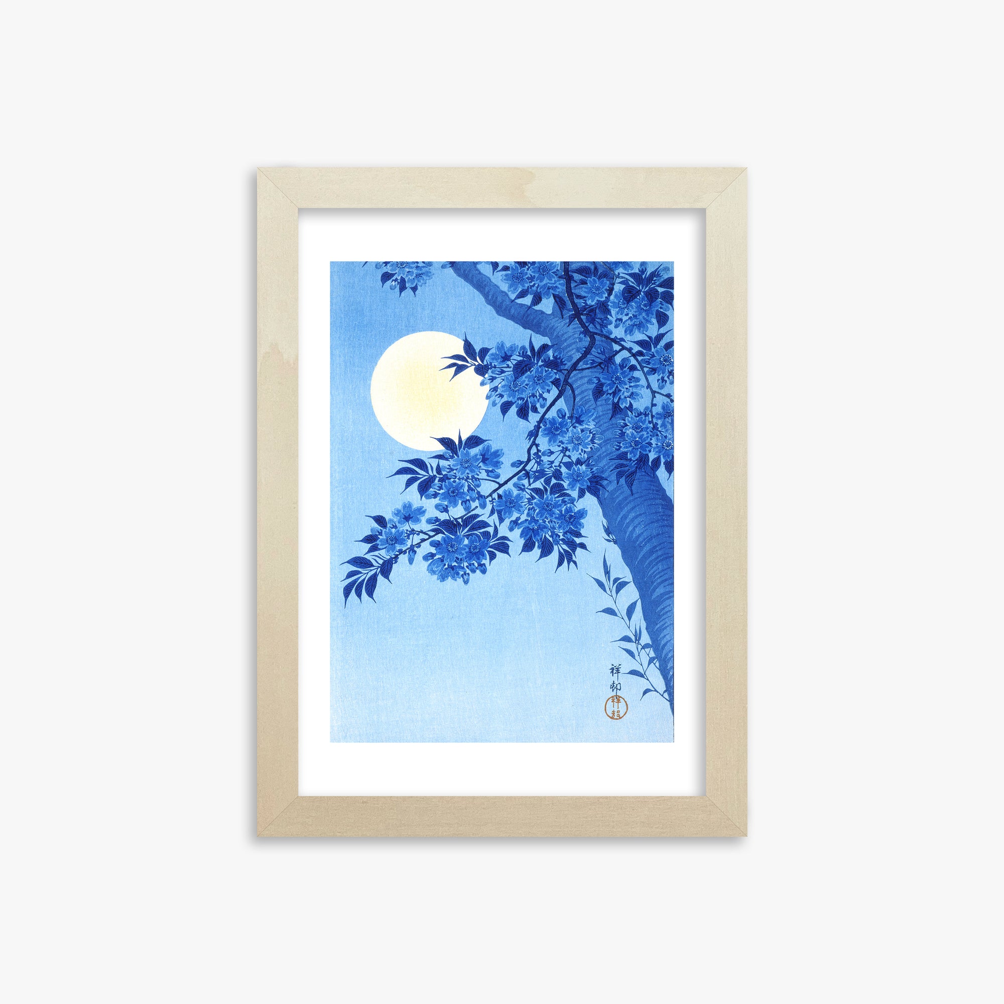Ohara Koson: Blossoming Cherry on a Moonlit Night, 21x30cm Framed Art Reproduction With Lime Wood Frame