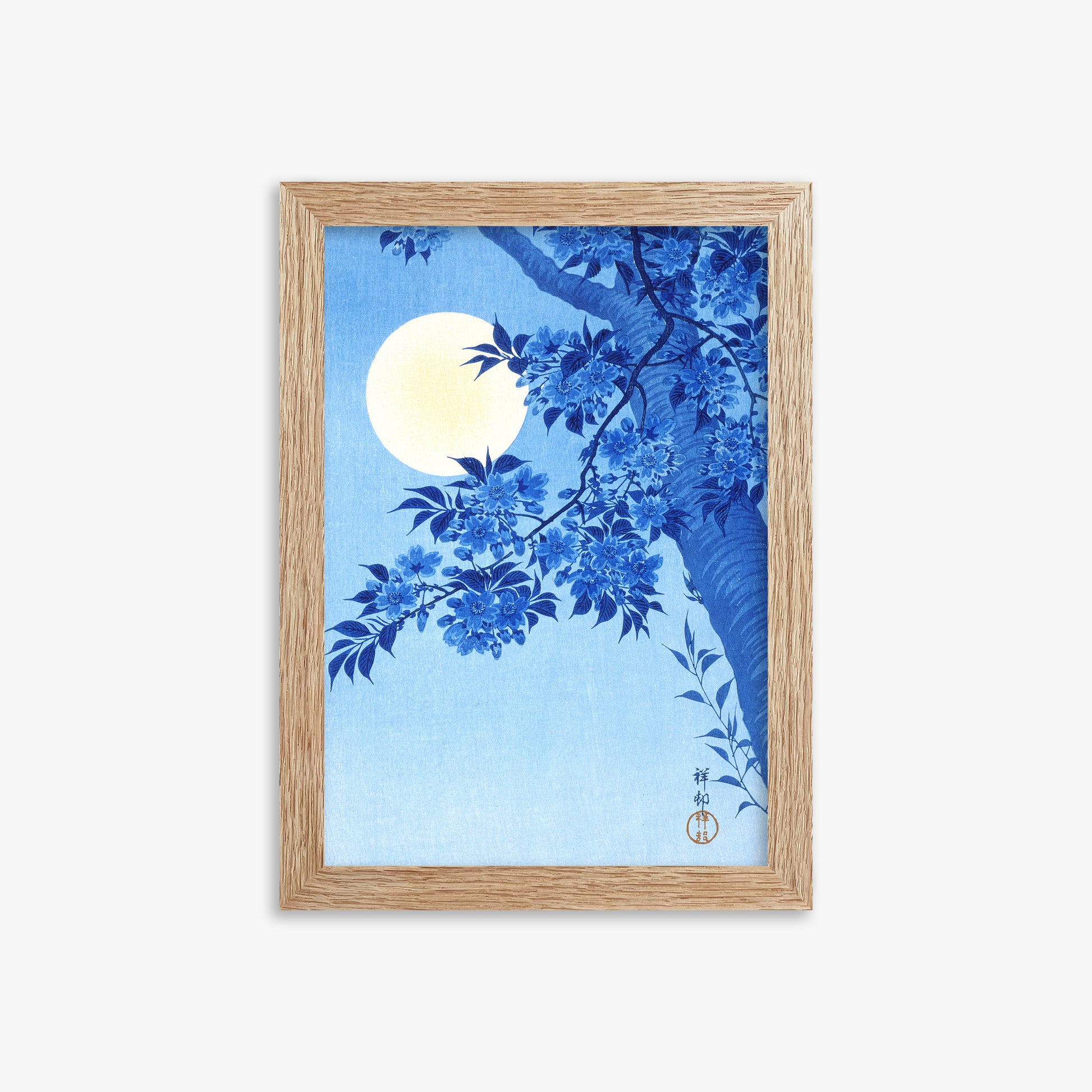 Ohara Koson: Blossoming Cherry on a Moonlit Night, 21x30cm Framed Art Reproduction With Raw Oak Frame