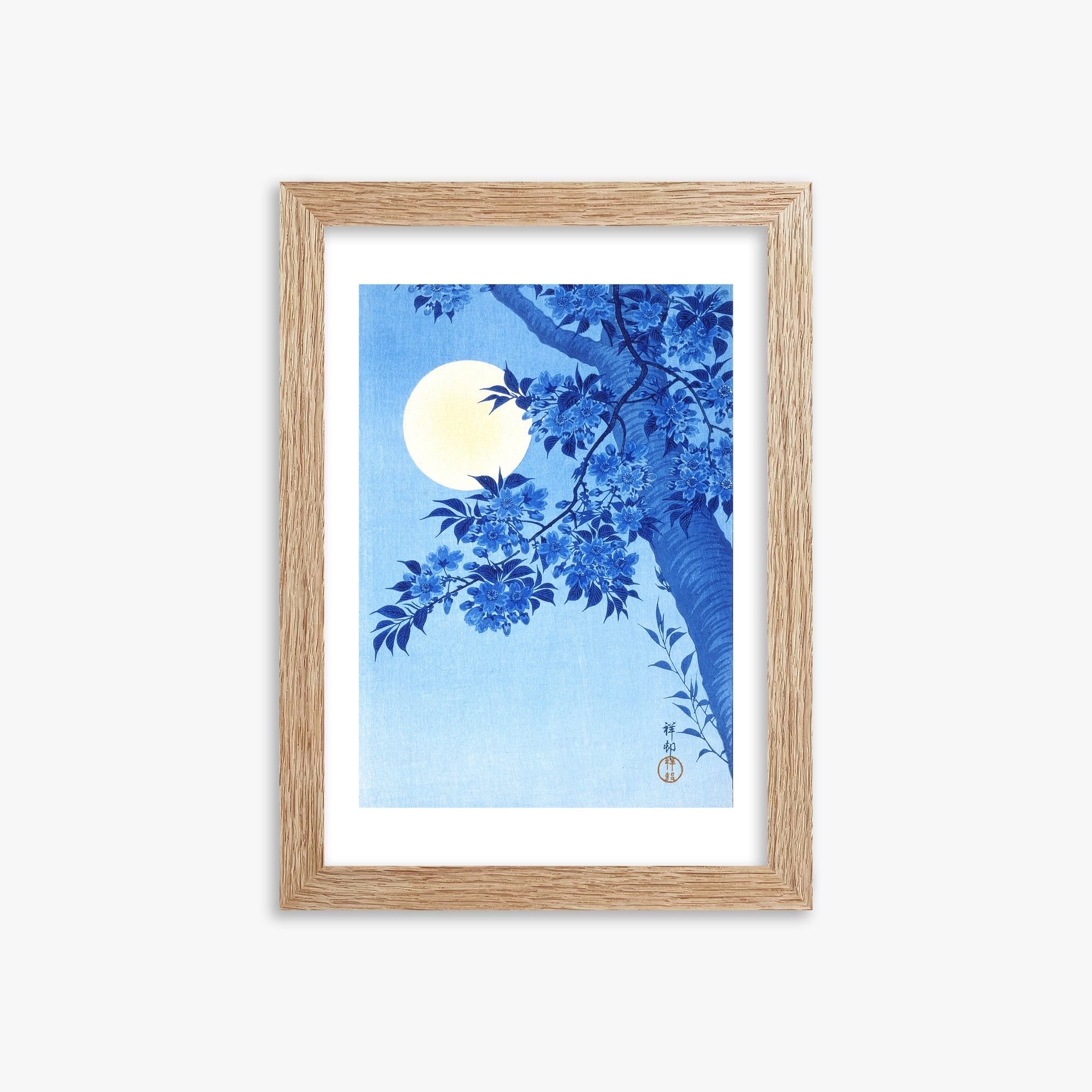 Ohara Koson: Blossoming Cherry on a Moonlit Night, 21x30cm Framed Art Reproduction With Raw Oak Frame