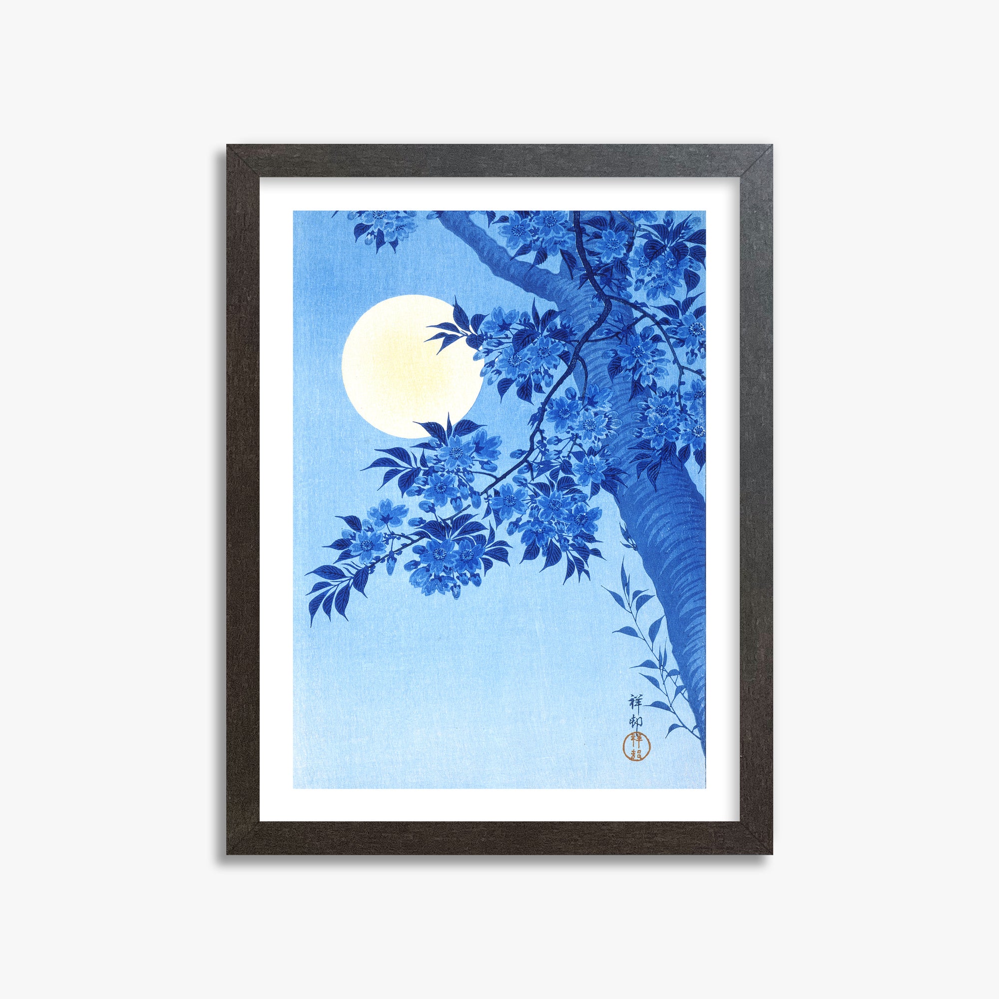 Ohara Koson: Blossoming Cherry on a Moonlit Night, 30x40cm Framed Art Reproduction With Espresso Frame