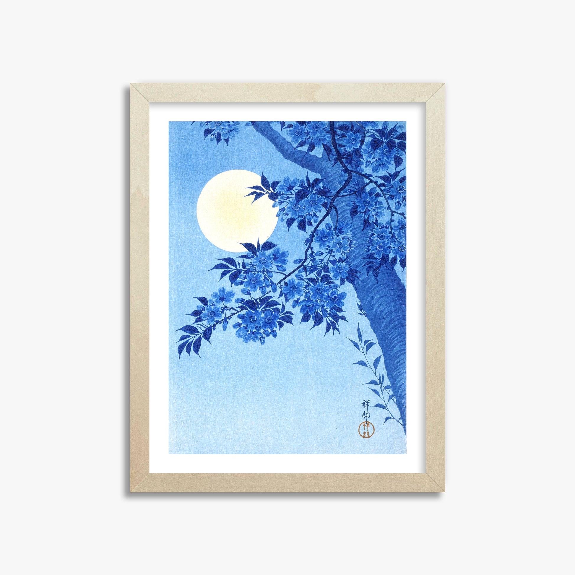 Ohara Koson: Blossoming Cherry on a Moonlit Night, 30x40cm Framed Art Reproduction With Lime Wood Frame