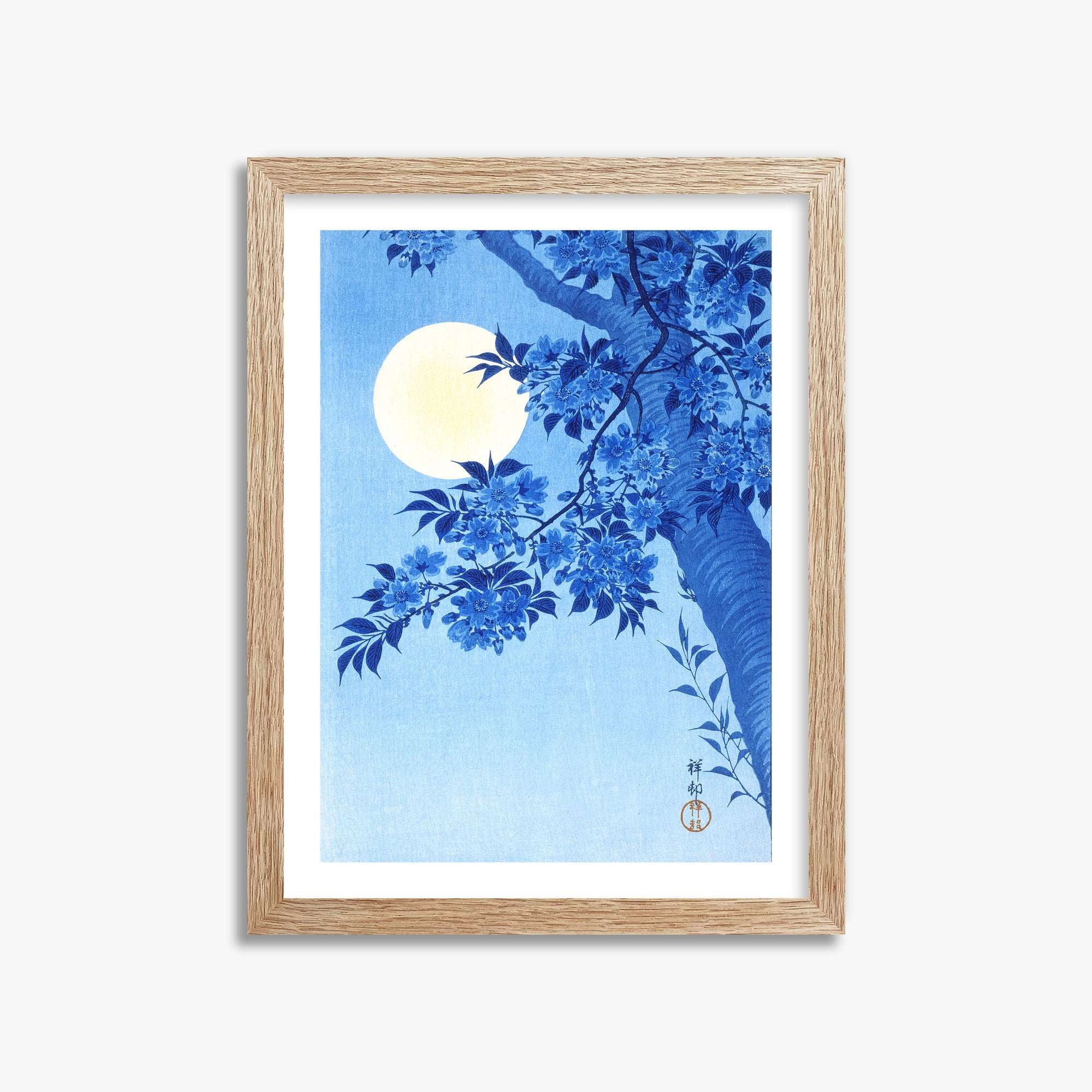 Ohara Koson: Blossoming Cherry on a Moonlit Night, 30x40cm Framed Art Reproduction With Raw Oak Frame