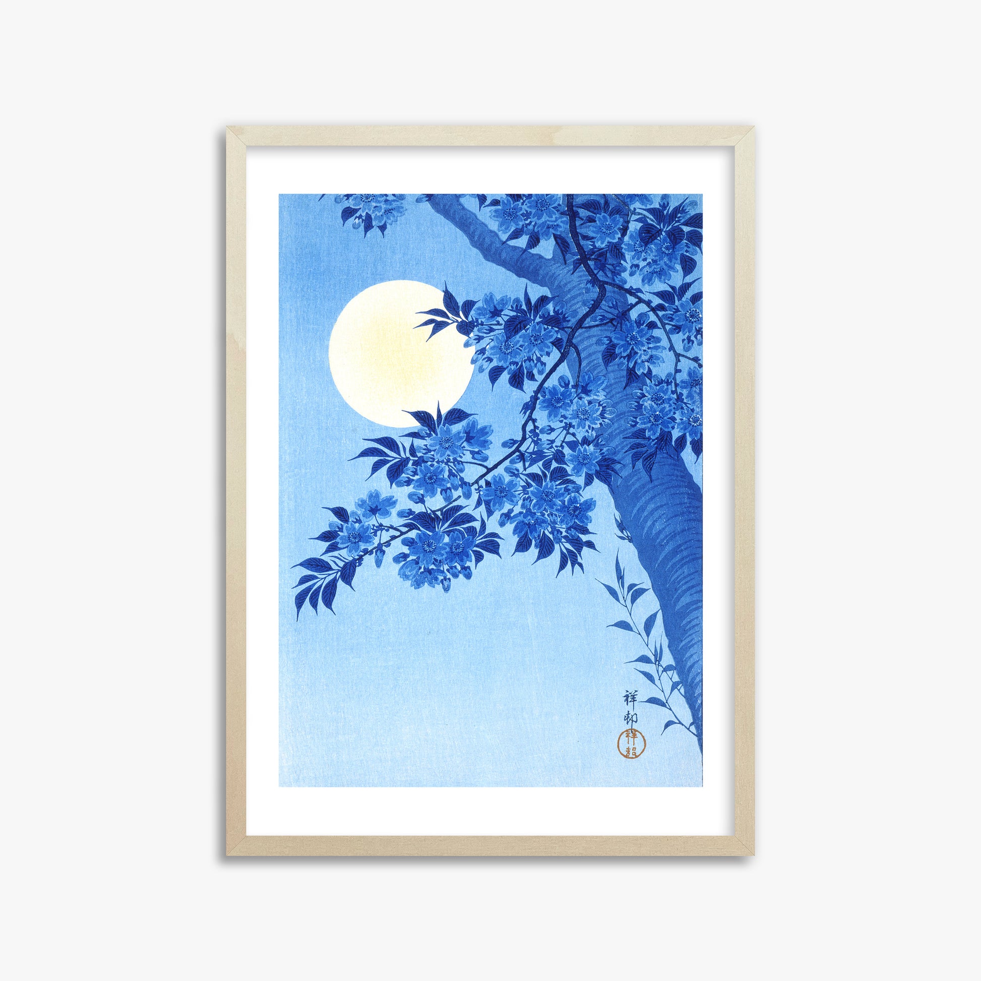 Ohara Koson: Blossoming Cherry on a Moonlit Night, 50x70cm Framed Art Reproduction With Lime Wood Frame