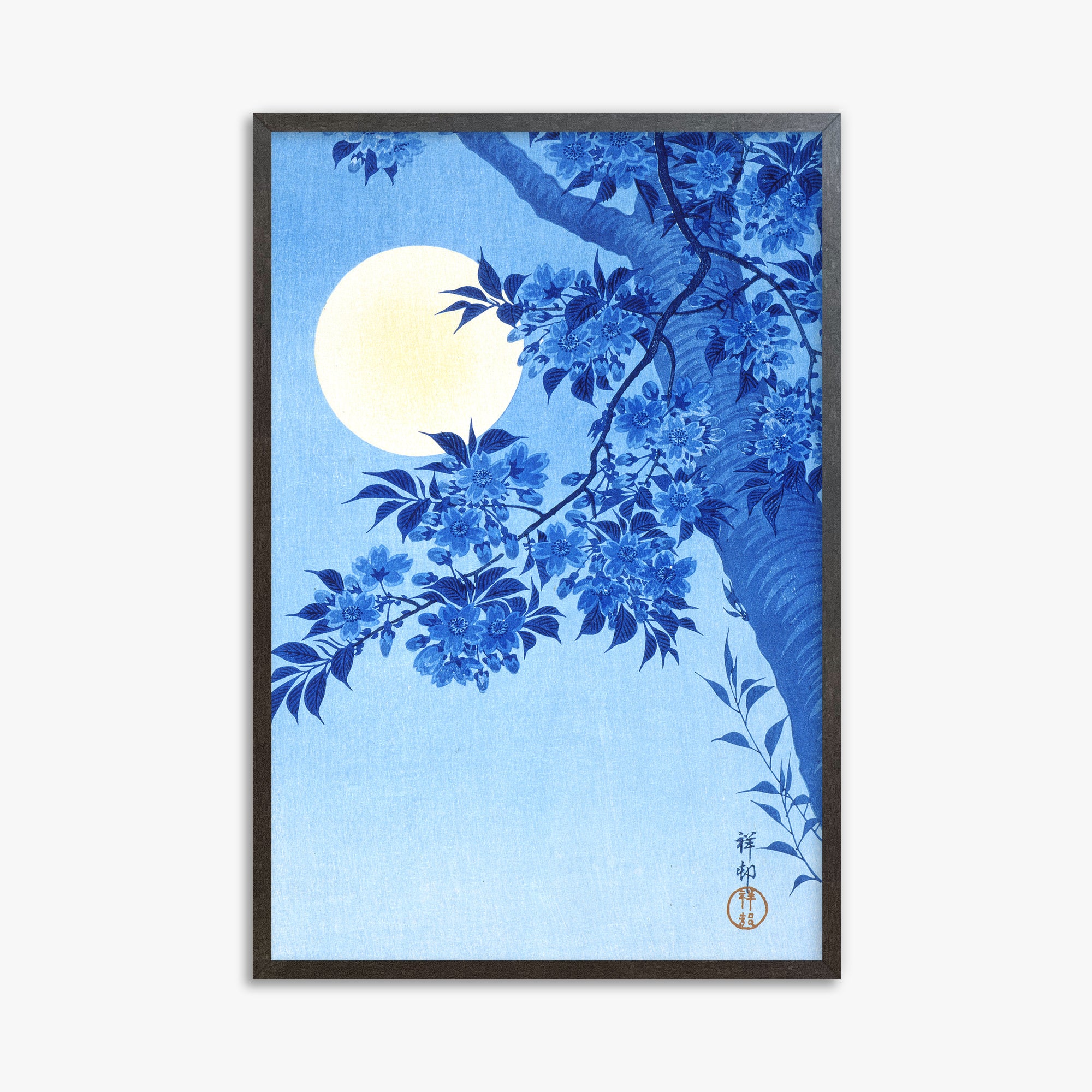 Ohara Koson: Blossoming Cherry on a Moonlit Night, 61x91cm Framed Art Reproduction With Espresso Frame