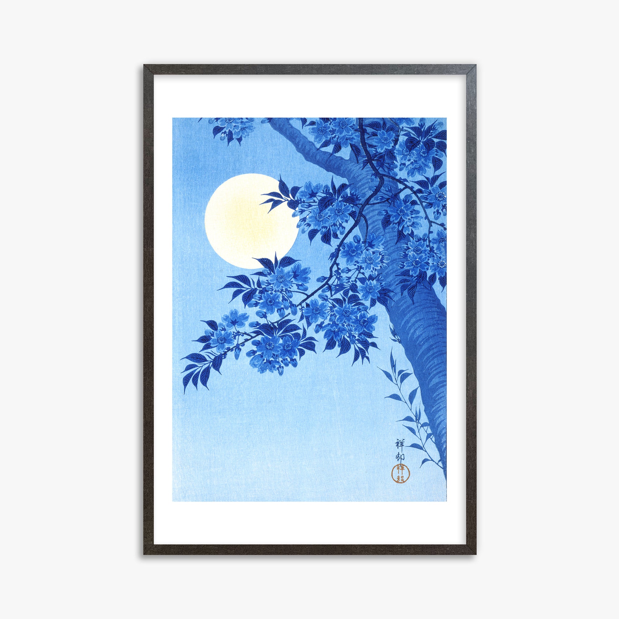 Ohara Koson: Blossoming Cherry on a Moonlit Night, 61x91cm Framed Art Reproduction With Espresso Frame