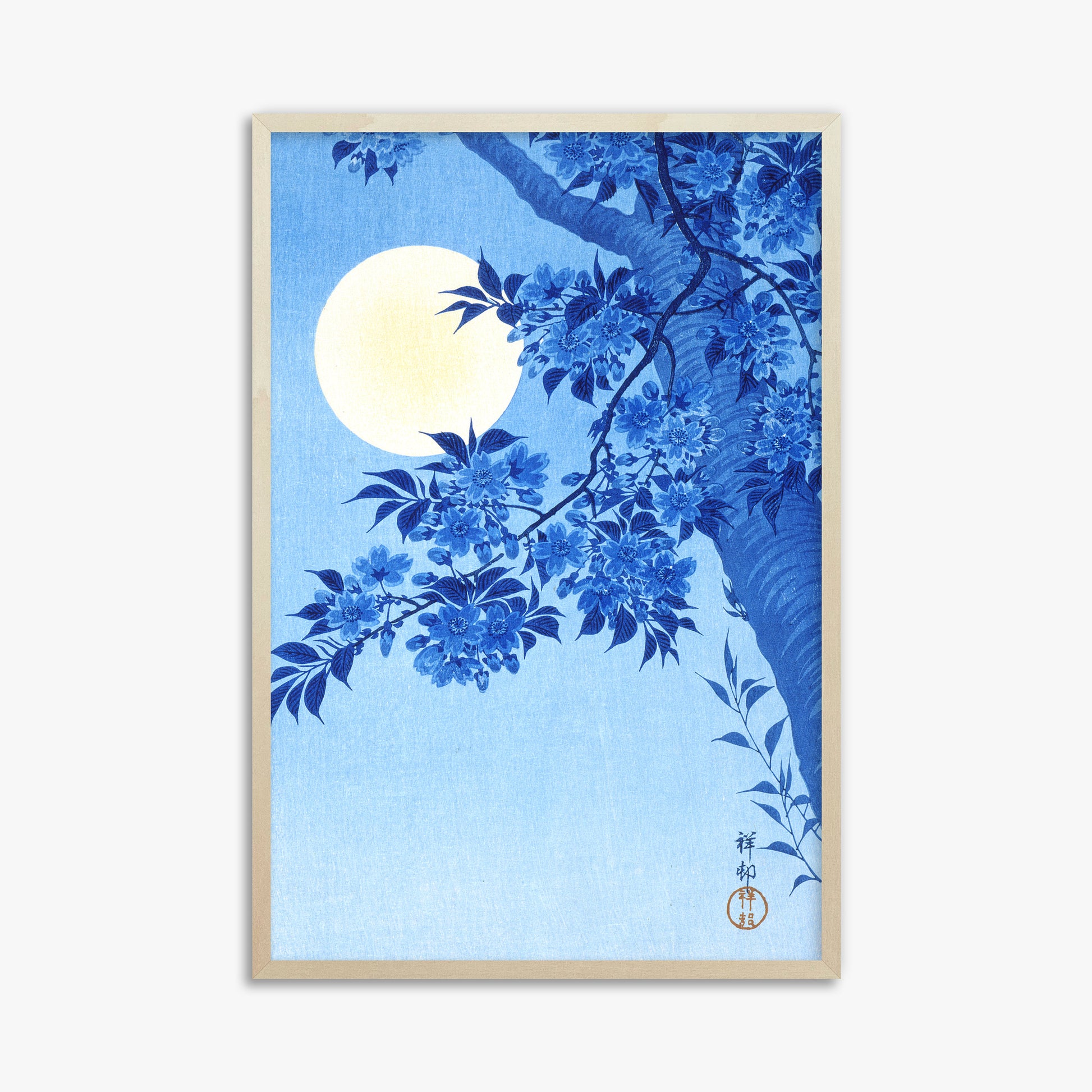 Ohara Koson: Blossoming Cherry on a Moonlit Night, 61x91cm Framed Art Reproduction With Lime Wood Frame