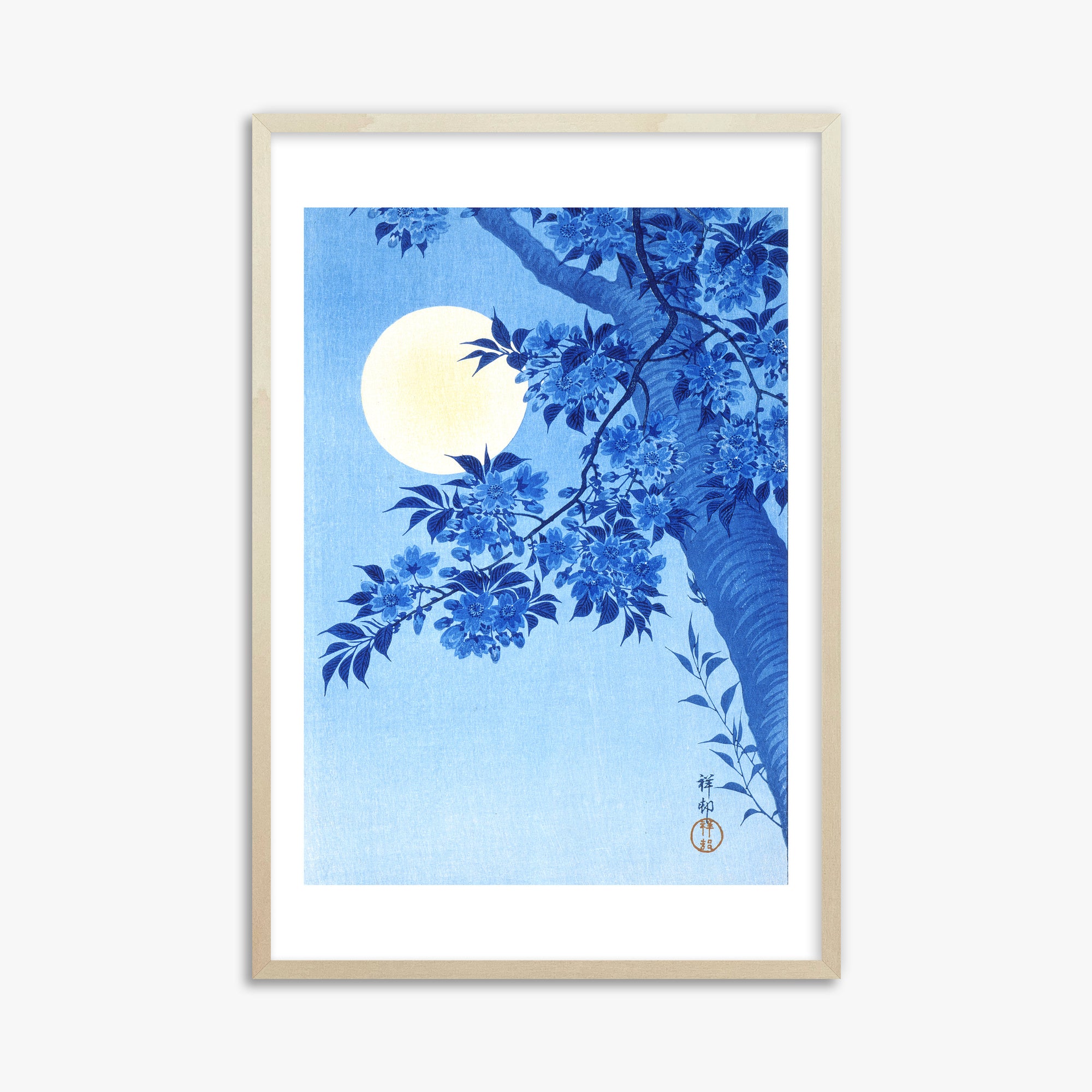 Ohara Koson: Blossoming Cherry on a Moonlit Night, 61x91cm Framed Art Reproduction With Lime Wood Frame