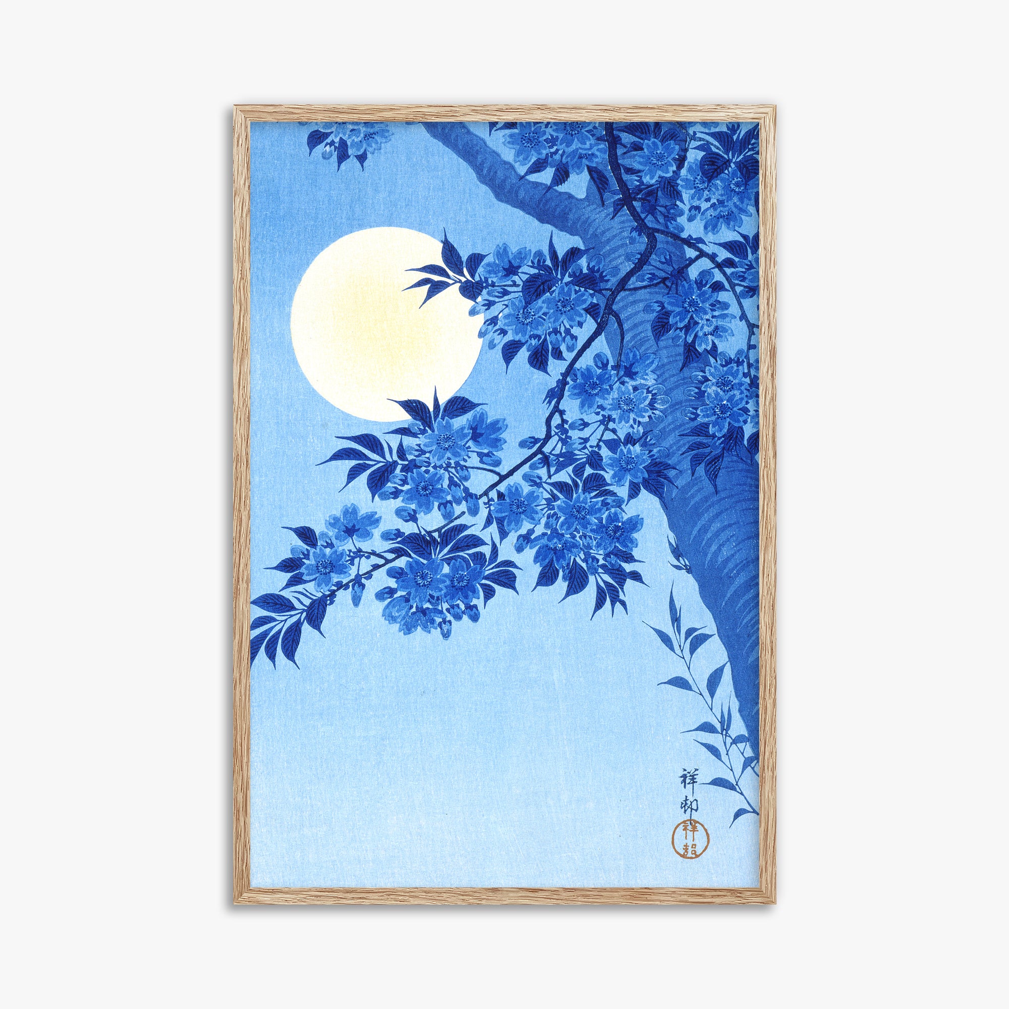 Ohara Koson: Blossoming Cherry on a Moonlit Night, 61x91cm Framed Art Reproduction With Raw Oak Frame