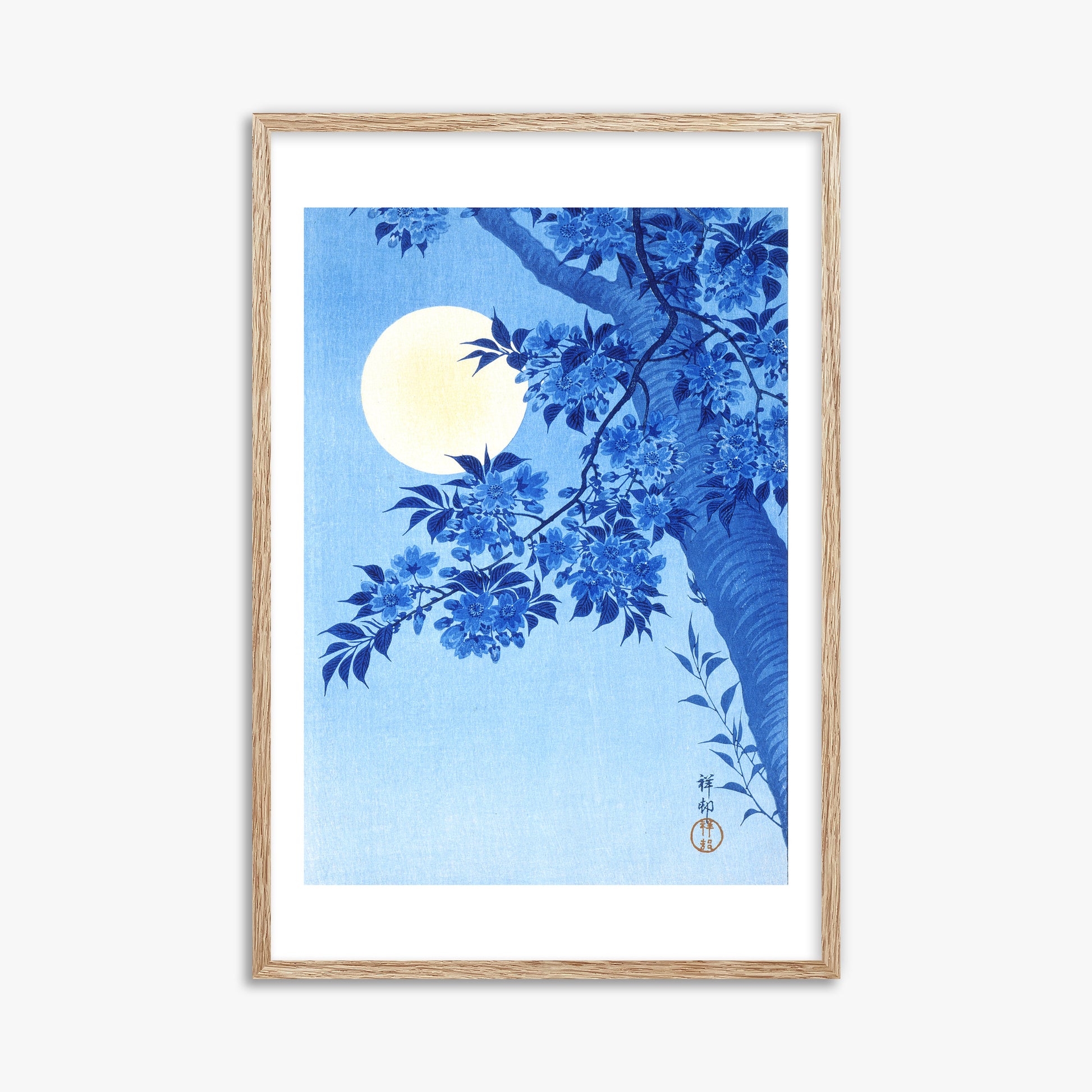 Ohara Koson: Blossoming Cherry on a Moonlit Night, 61x91cm Framed Art Reproduction With Raw Oak Frame