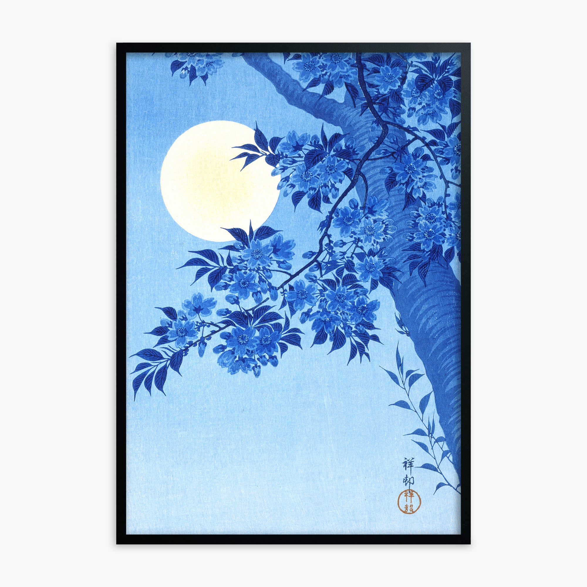 Ohara Koson: Blossoming Cherry on a Moonlit Night, Black Framed Art Reproduction With Black Frame