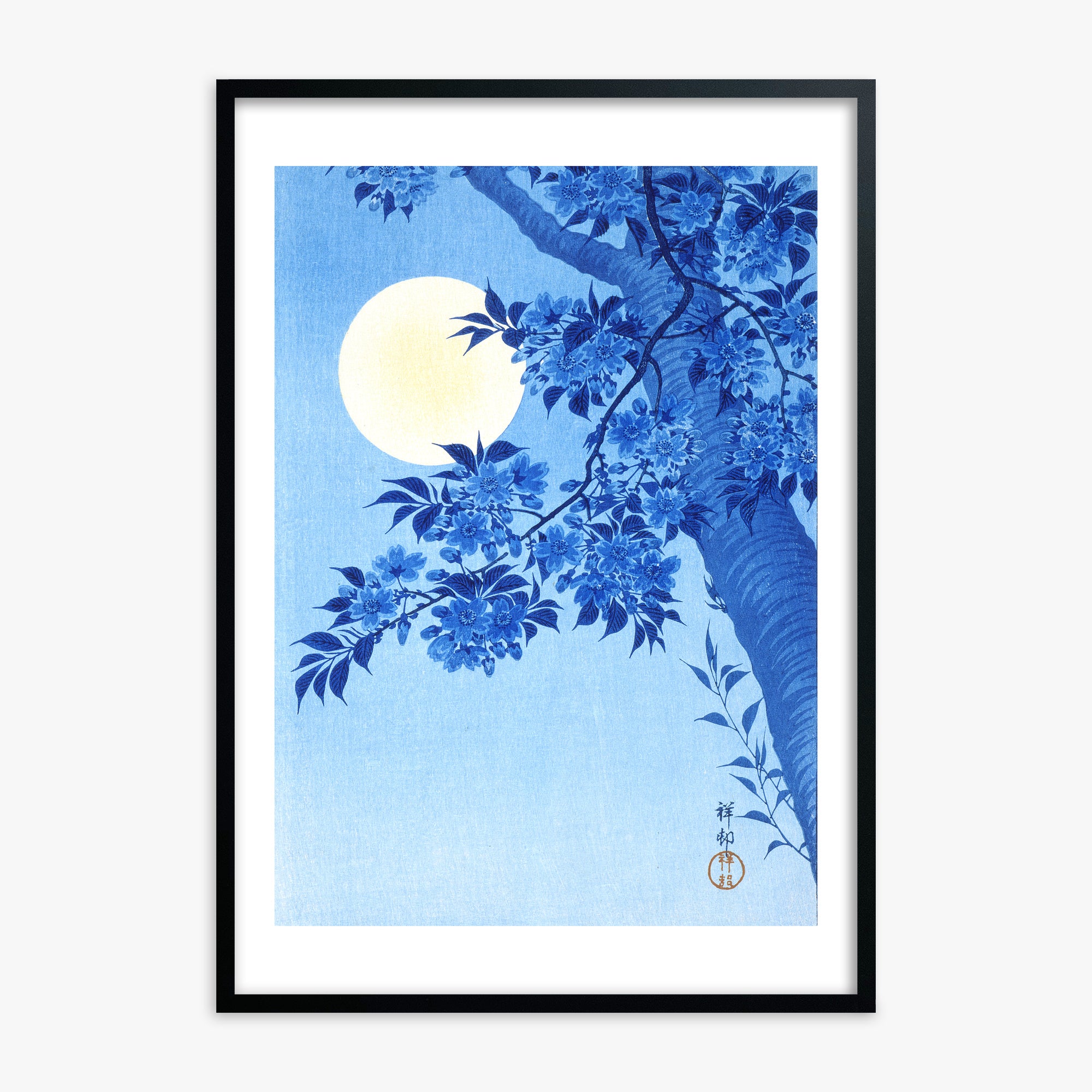 Ohara Koson: Blossoming Cherry on a Moonlit Night, Black Framed Art Reproduction With Black Frame